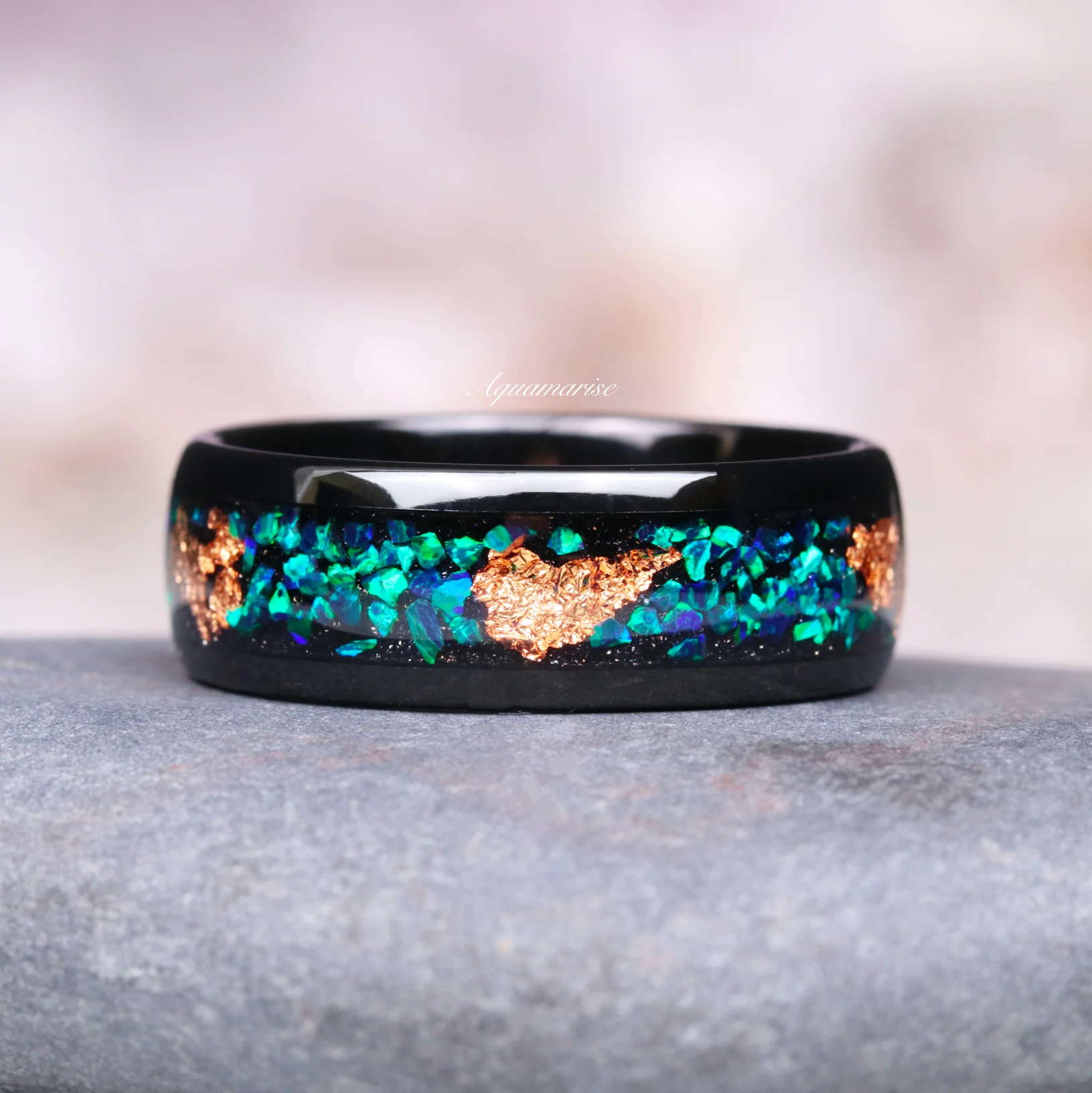 Peacock Fire Opal & Rose Gold Leaf Couples Ring Set - Image 3
