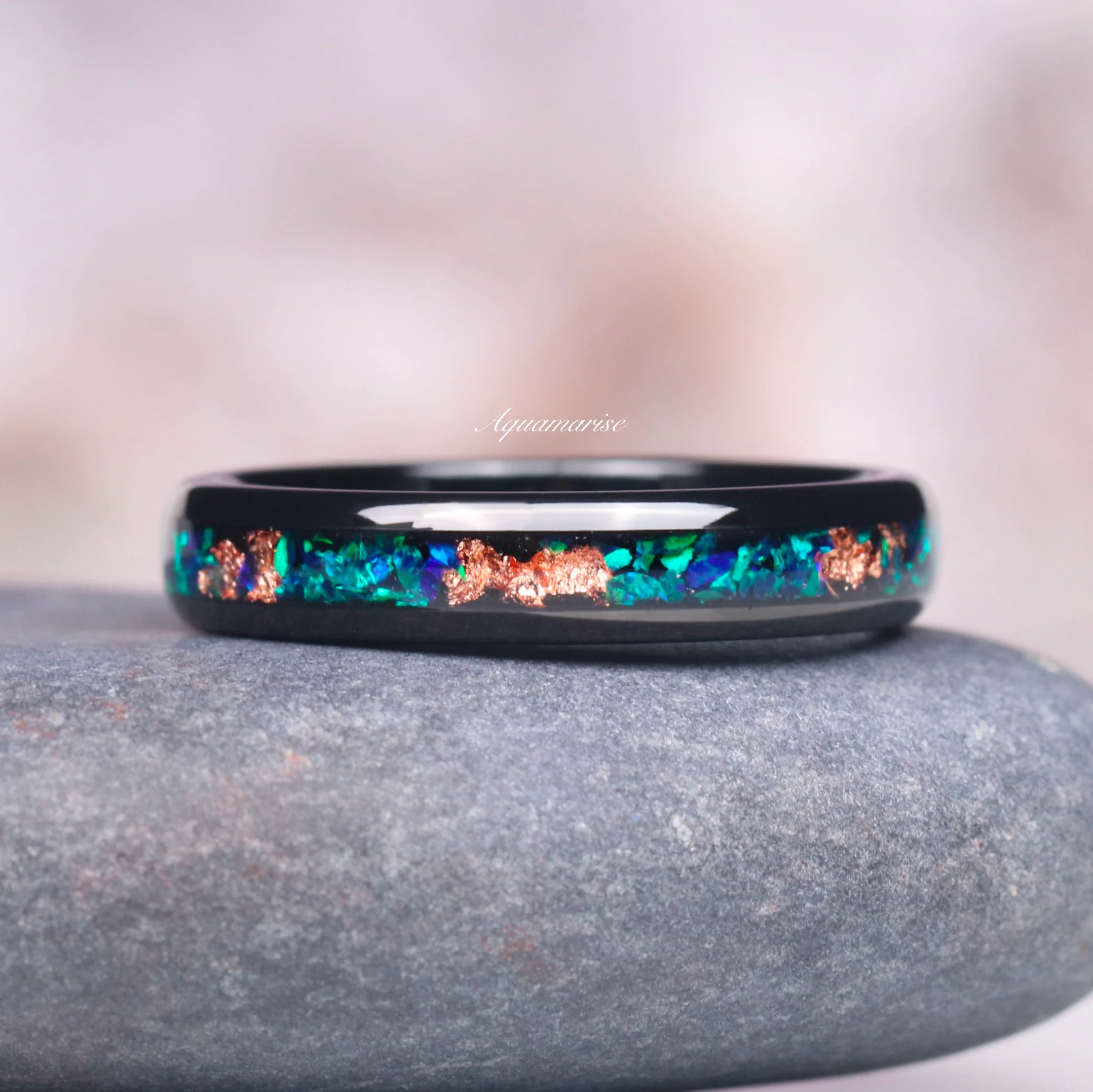 Peacock Fire Opal & Rose Gold Leaf Couples Ring Set - Image 4