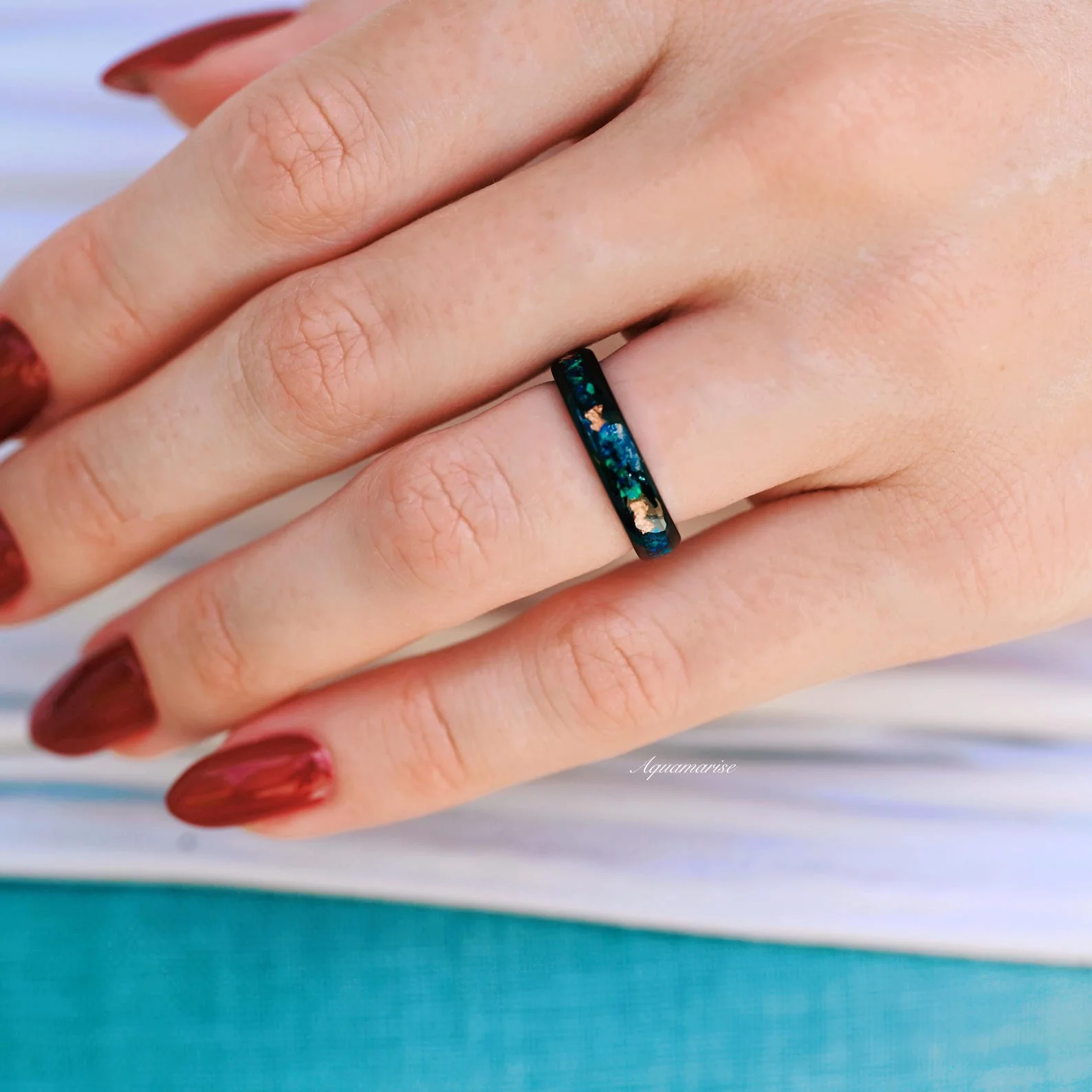 Peacock Fire Opal Wedding Band- 4MM His/ Hers Black Tungsten Wedding Ring - Image 4