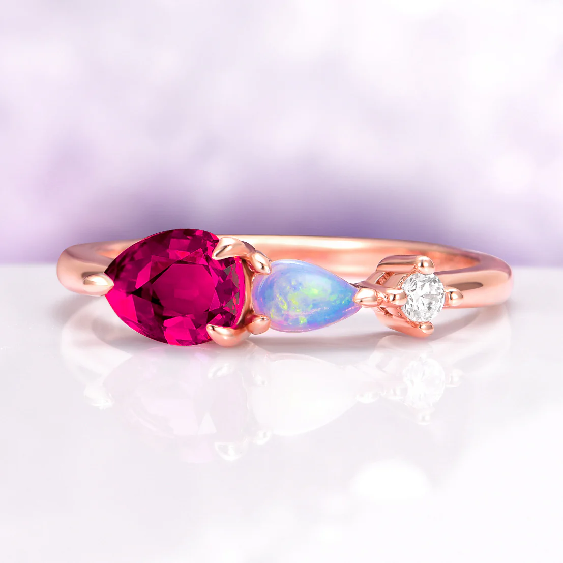Lab Grown Ruby and Natural Australian Opal Engagement Ring in 14K Solid Rose Gold
