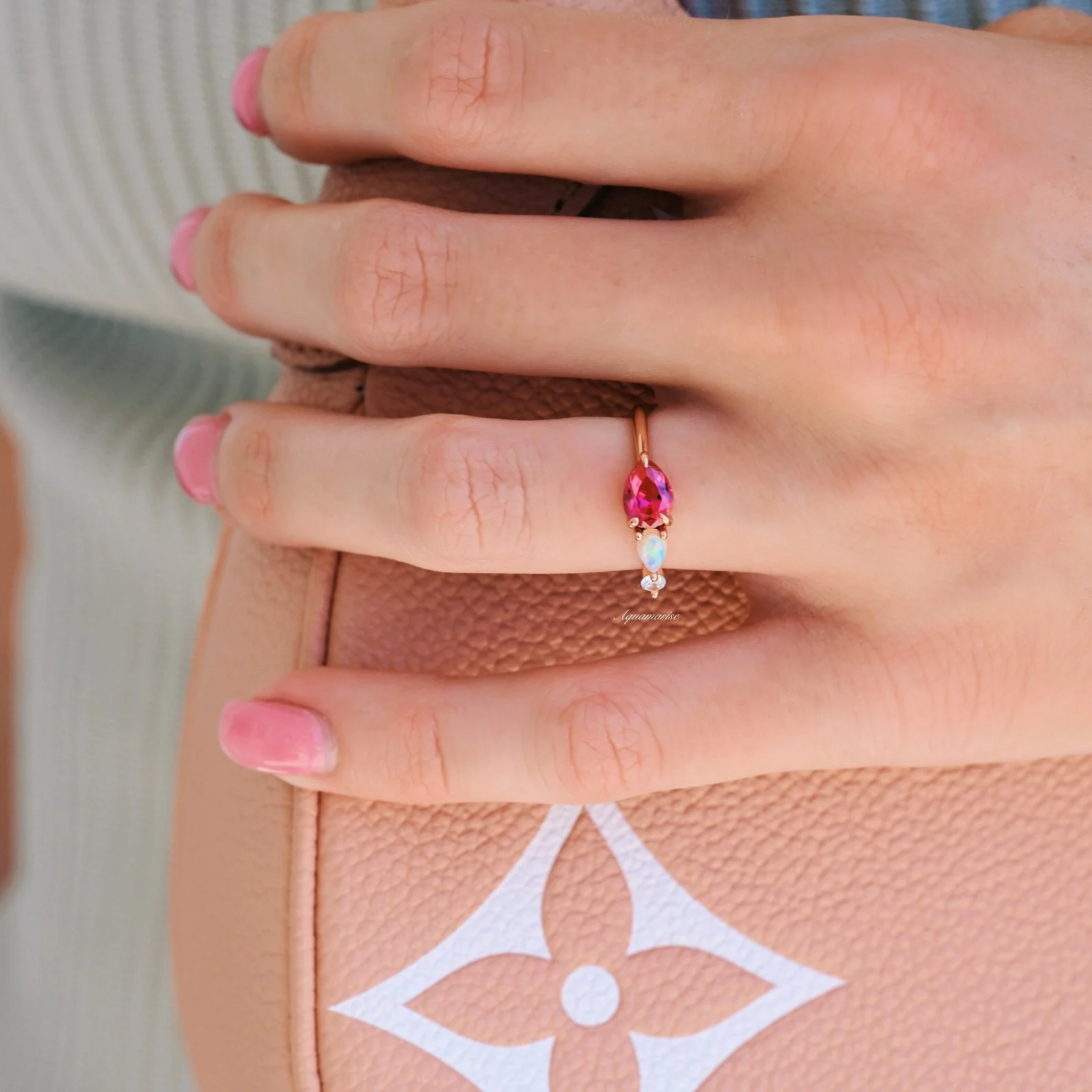 Lab Grown Ruby and Natural Australian Opal Engagement Ring in 14K Solid Rose Gold - Image 2
