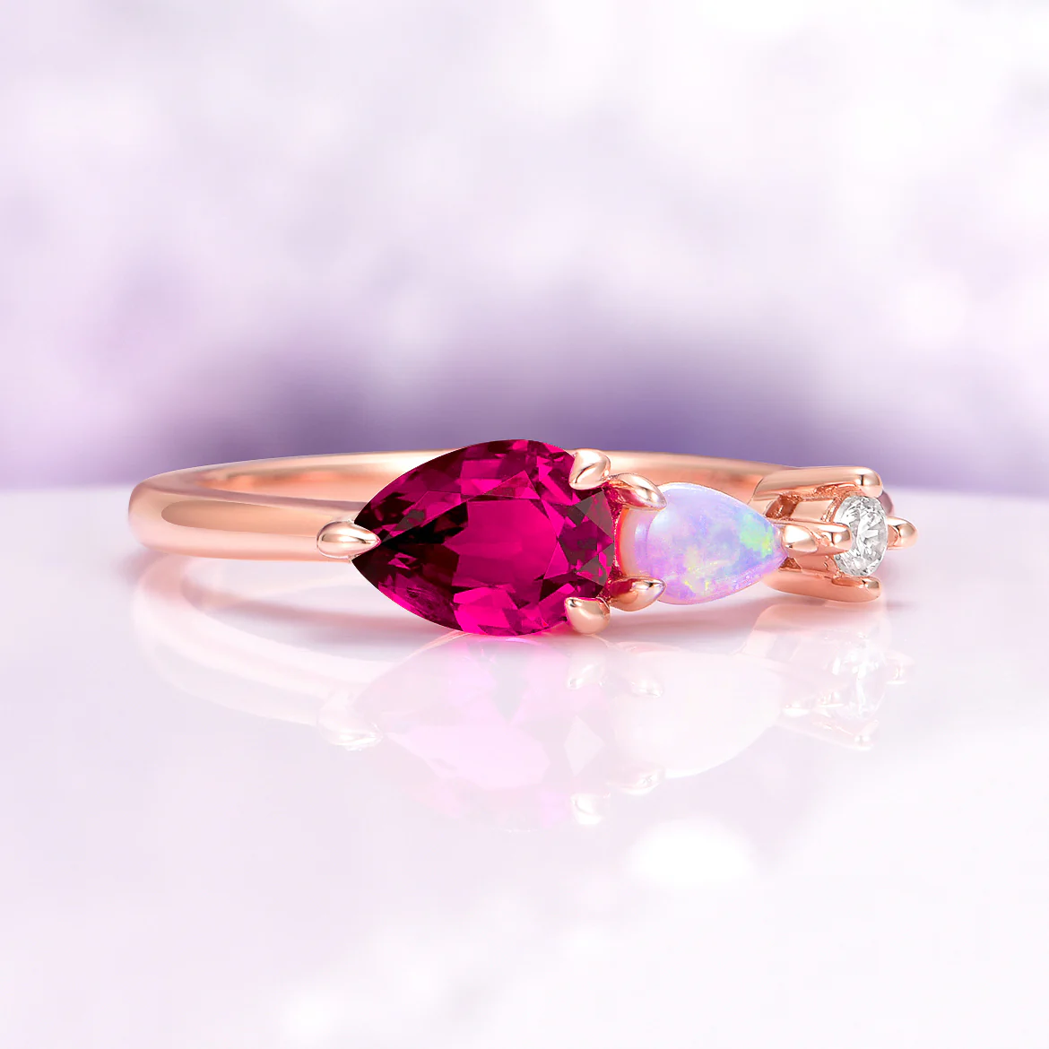 Lab Grown Ruby and Natural Australian Opal Engagement Ring in 14K Solid Rose Gold - Image 4