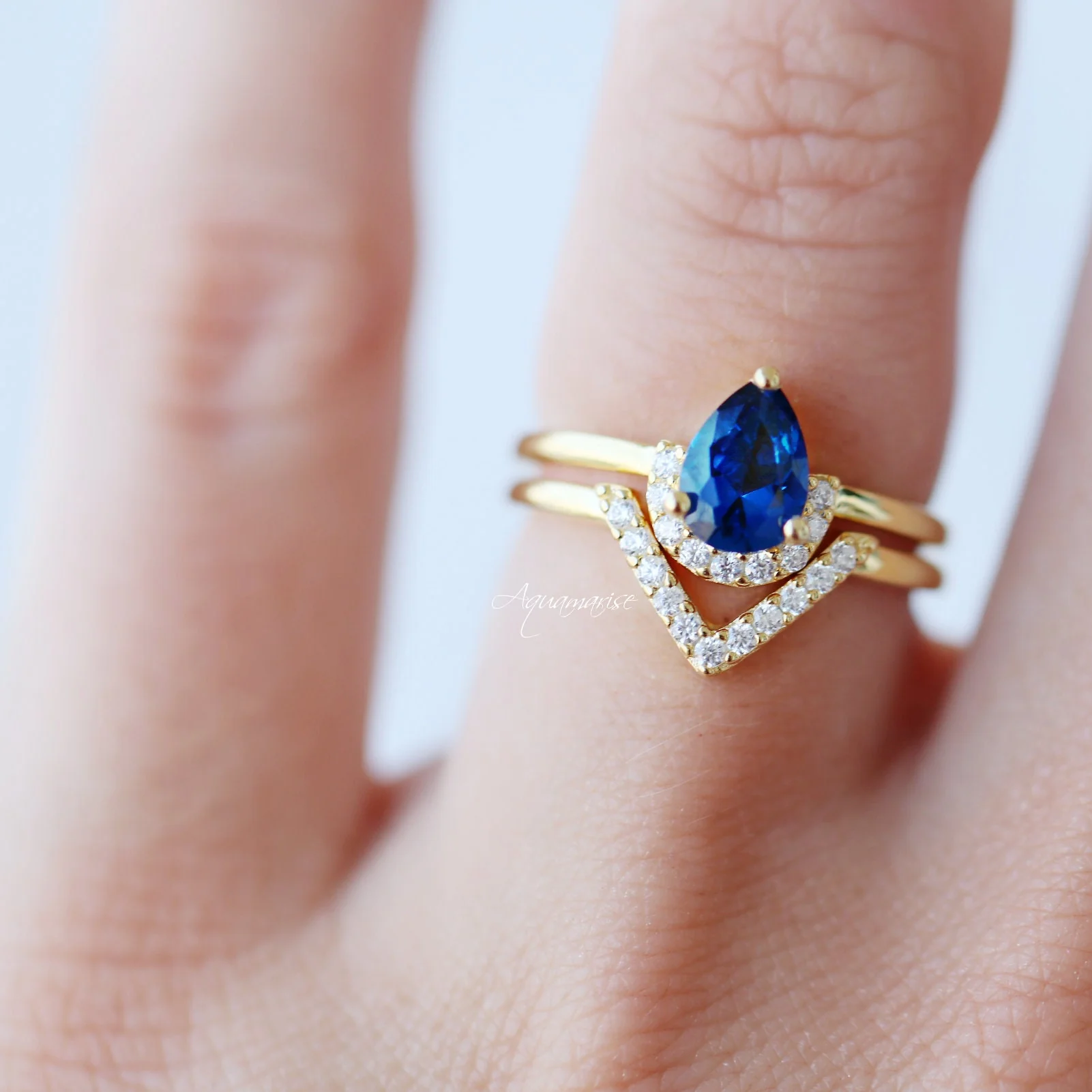 Pear Lab-Grown Sapphire Chevron Stacking Ring Set in 14K Yellow Gold Vermeil - Image 3