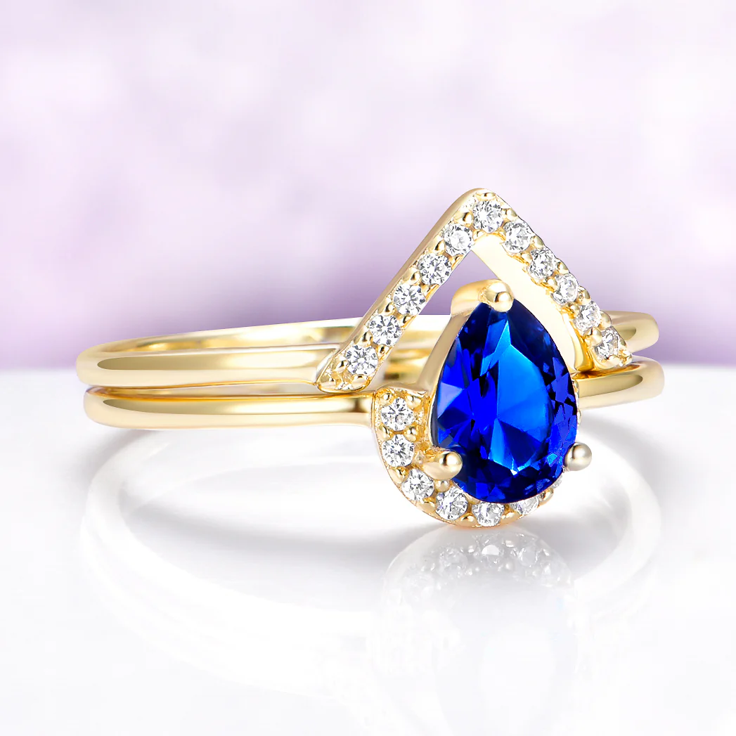 Pear Lab-Grown Sapphire Chevron Stacking Ring Set in 14K Yellow Gold Vermeil - Image 4