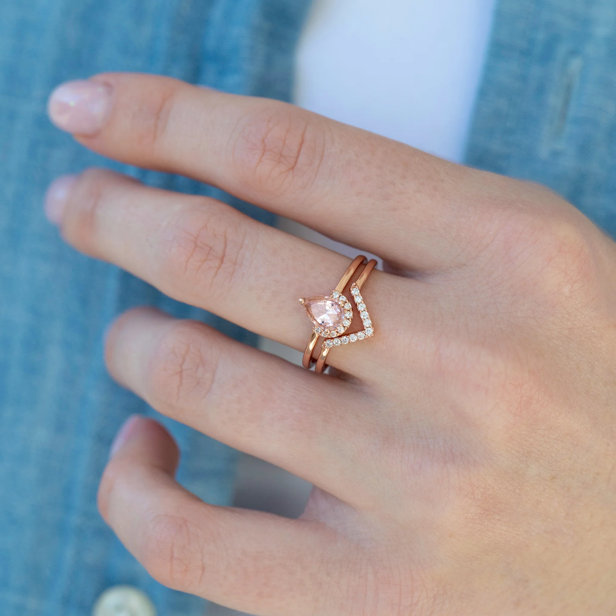 Pear Morganite Chevron Stacking Ring Set in Rose Gold Vermeil - Image 2