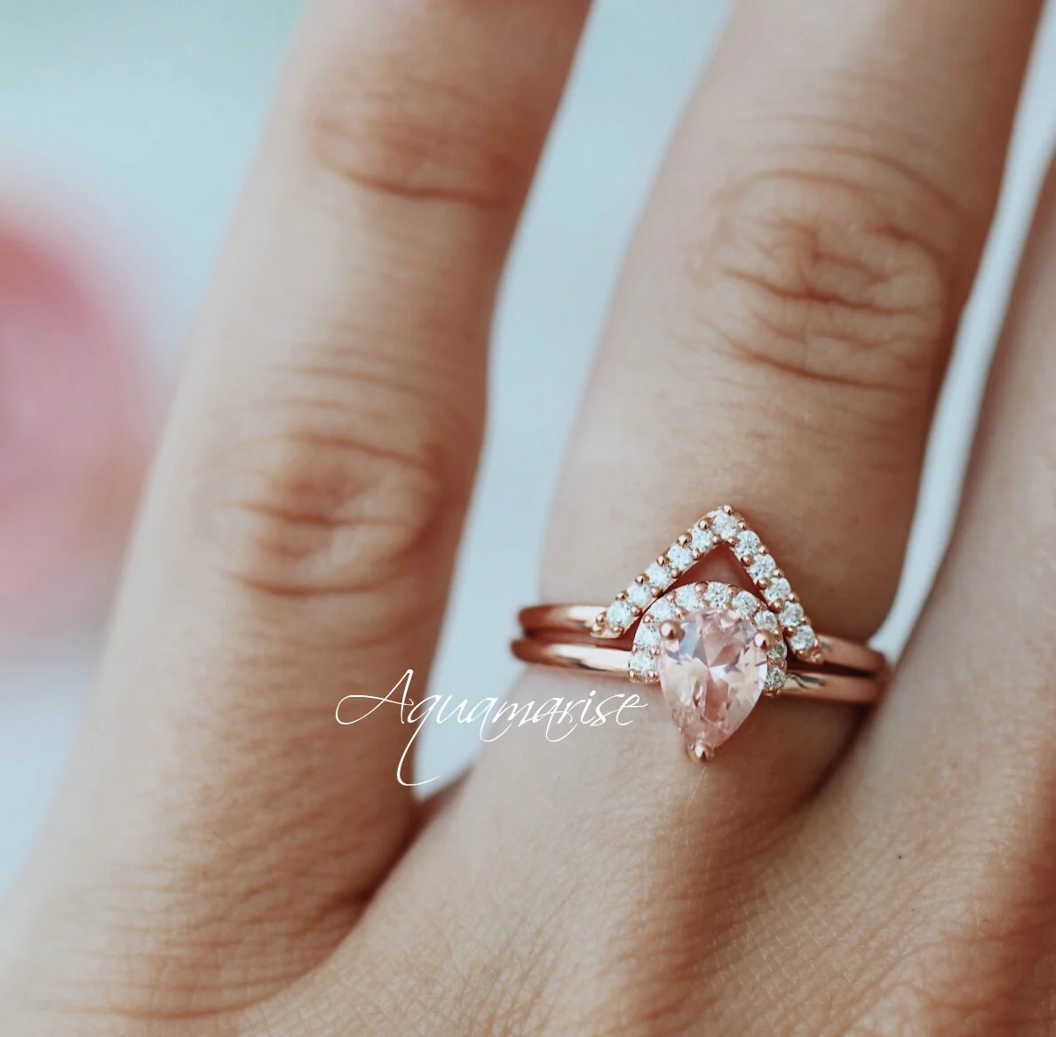 Pear Morganite Chevron Stacking Ring Set in Rose Gold Vermeil - Image 4