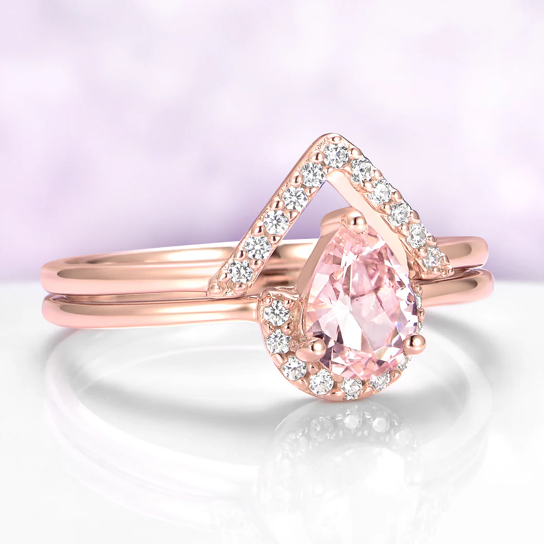 Pear Morganite Chevron Stacking Ring Set in Rose Gold Vermeil - Image 5