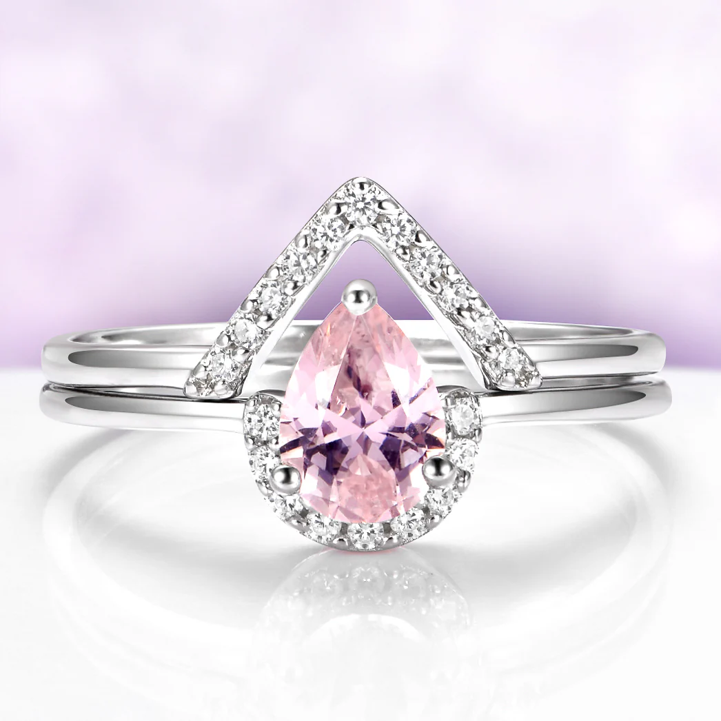Pear Morganite Chevron Stacking Ring Set in Sterling Silver