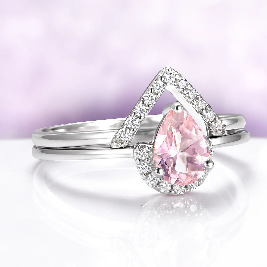 Pear Morganite Chevron Stacking Ring Set in Sterling Silver - Image 2