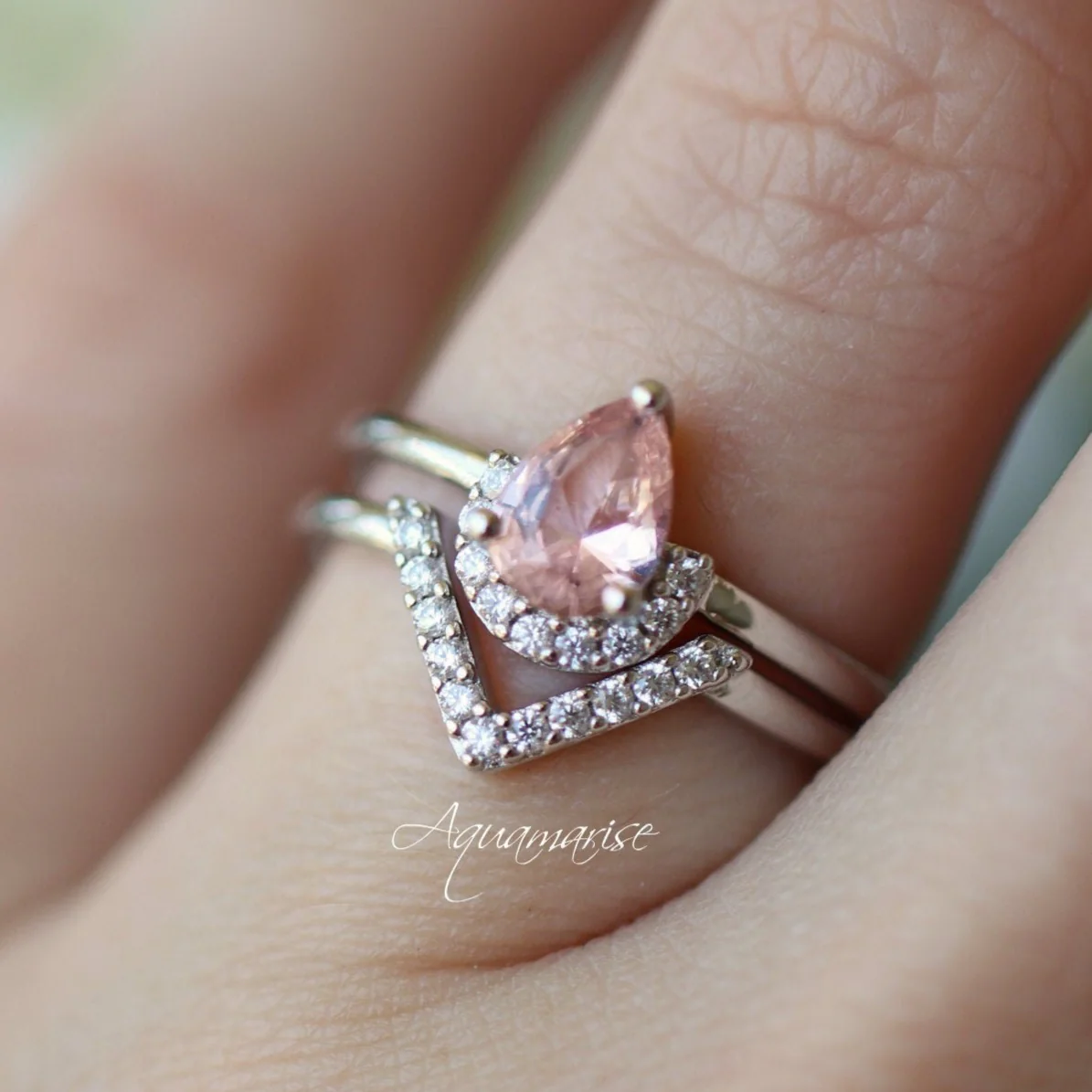 Pear Morganite Chevron Stacking Ring Set in Sterling Silver - Image 3