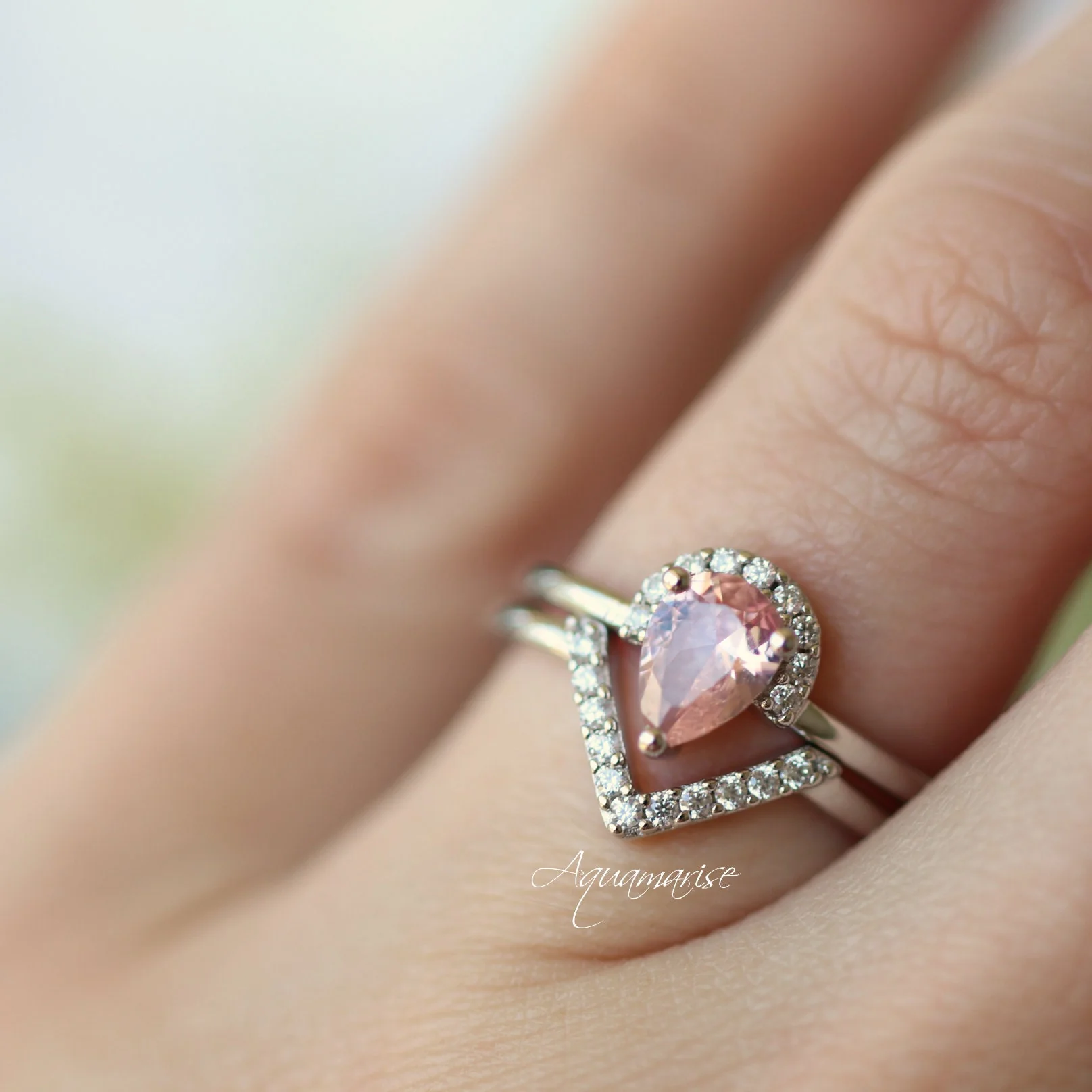Pear Morganite Chevron Stacking Ring Set in Sterling Silver - Image 4