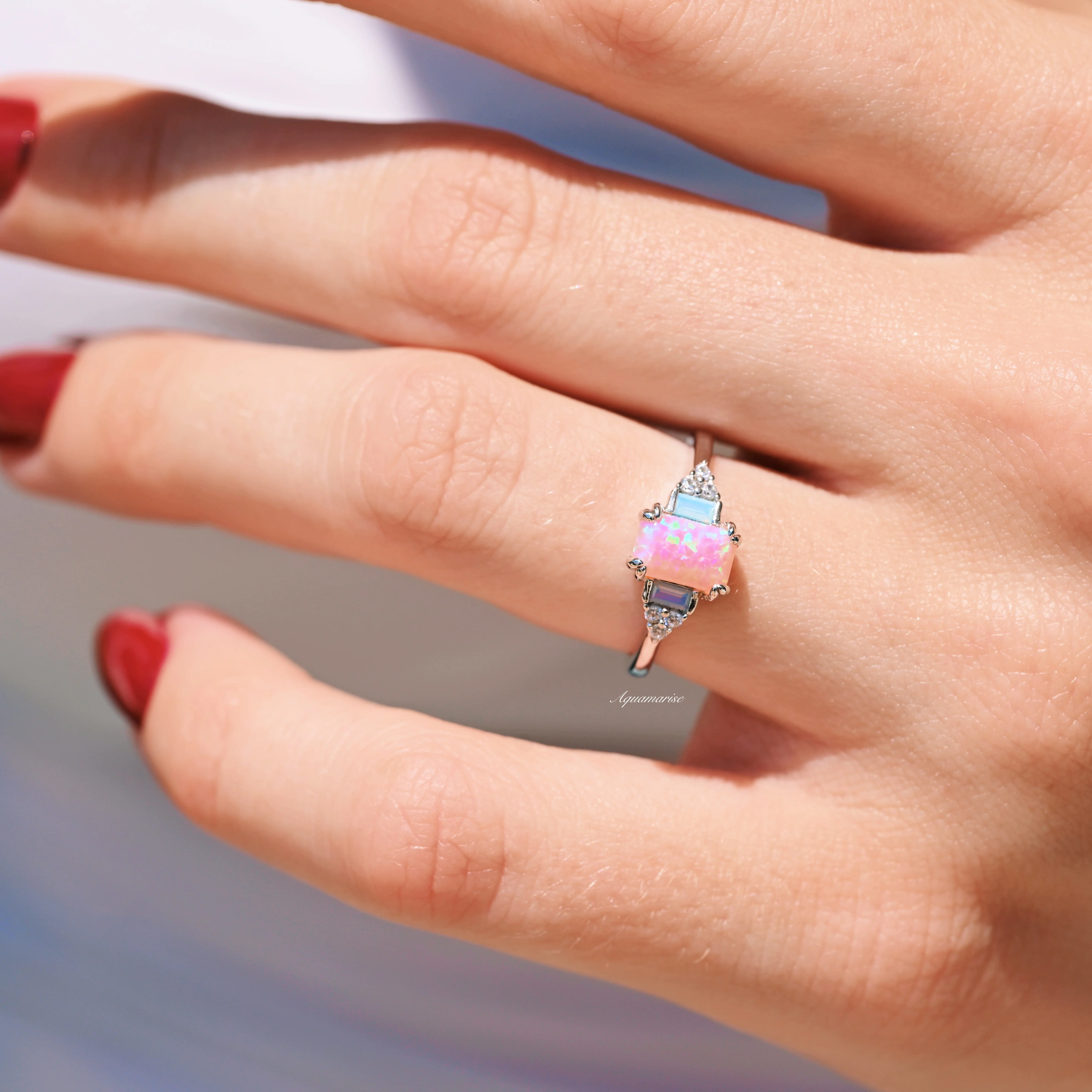 Dainty Pink Fire Opal Ring in Sterling Silver - Image 2