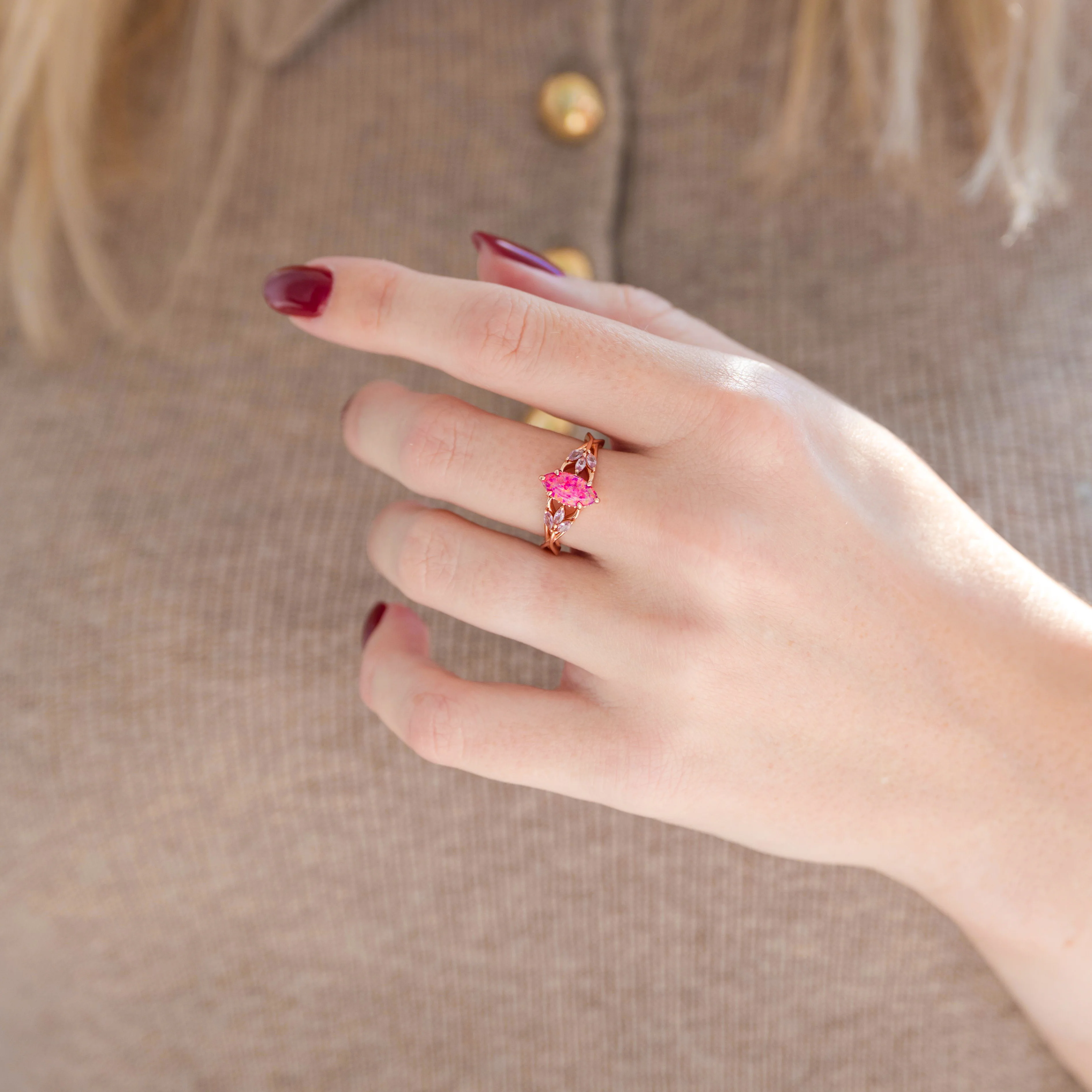 Pink Fire Opal & Sapphire Celtic Knot Ring- 14K Rose Gold Vermeil - Image 2