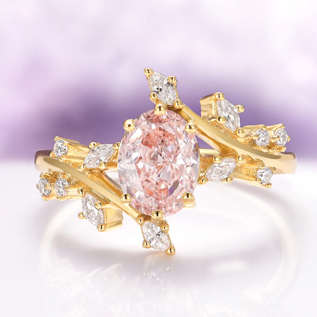 Morganite Fairy Leaf Engagement Ring in 14K Solid Yellow Gold