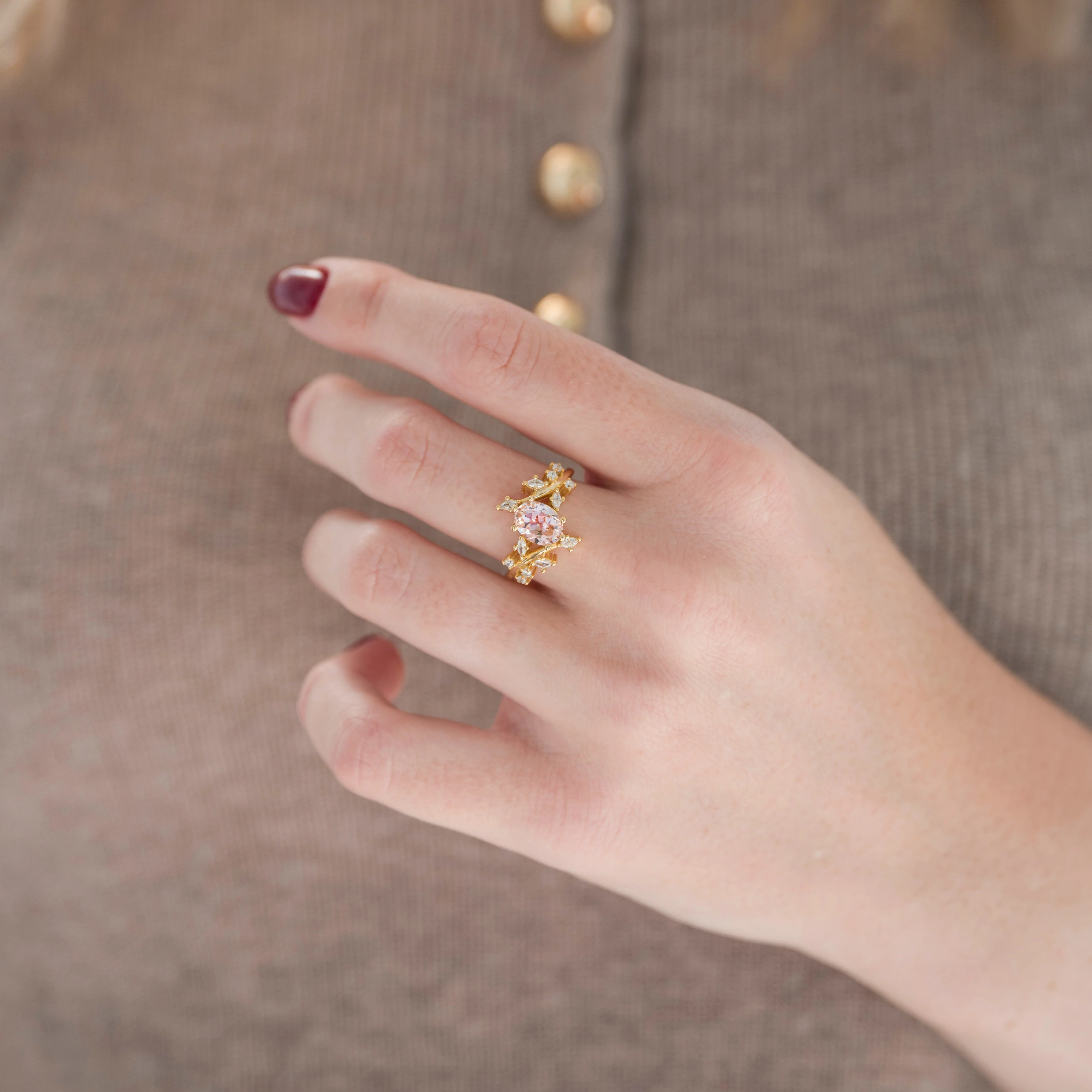 Morganite Fairy Leaf Engagement Ring in 14K Solid Yellow Gold - Image 5