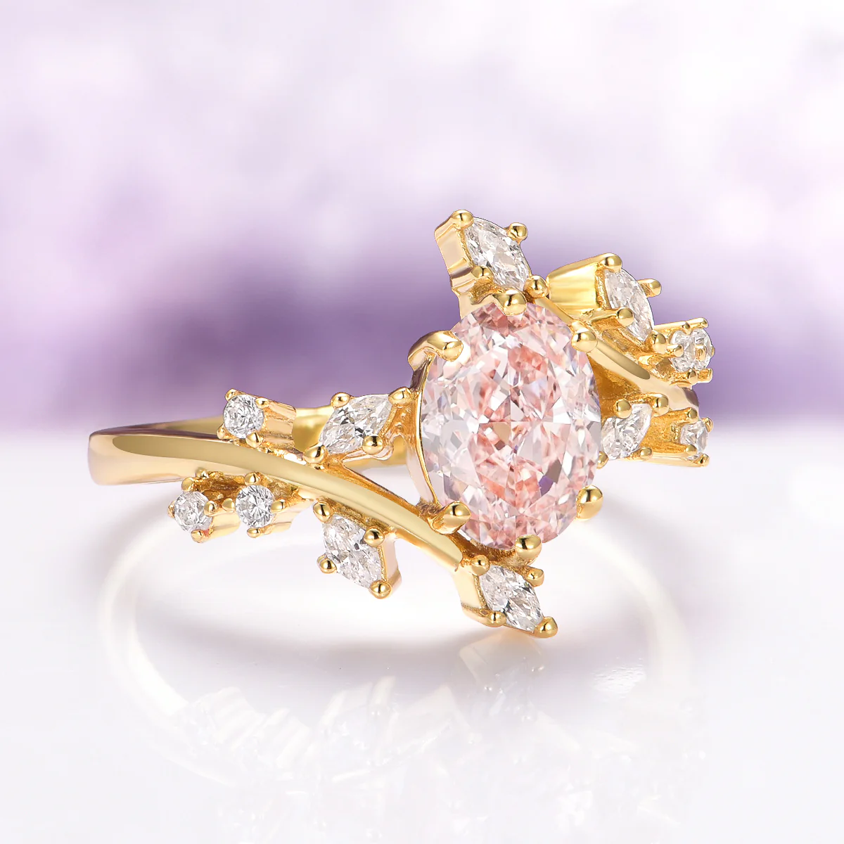 Morganite Fairy Leaf Engagement Ring in 14K Solid Yellow Gold - Image 6