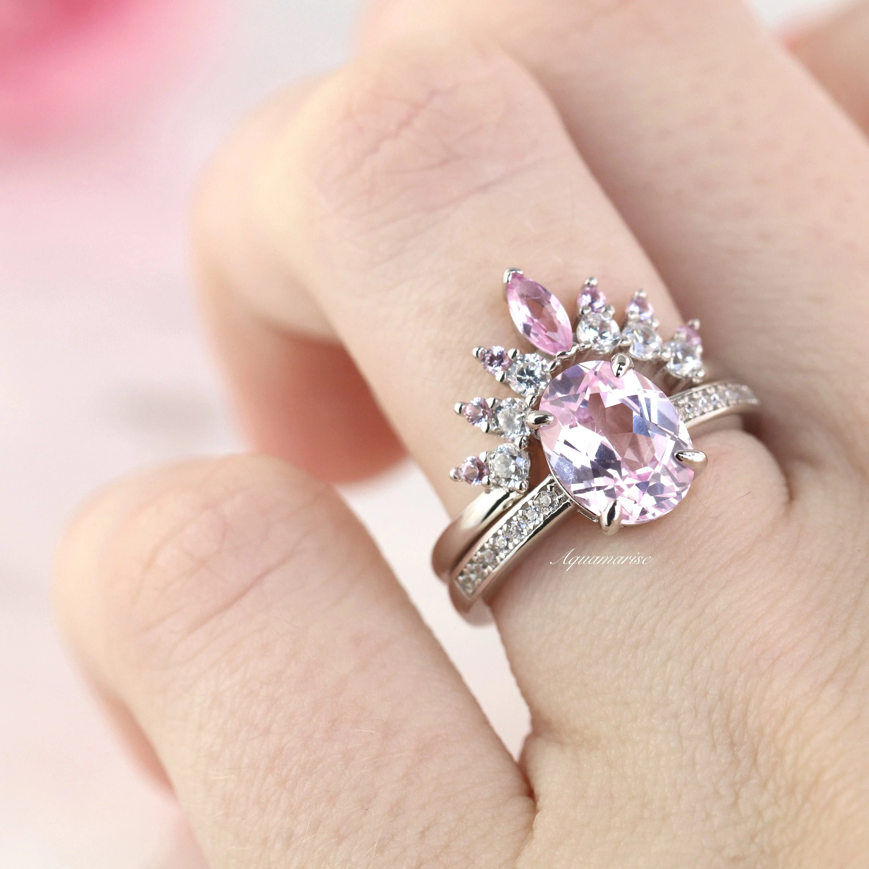 Tiara Pink Sapphire Curved Band- Sterling Silver - Image 4