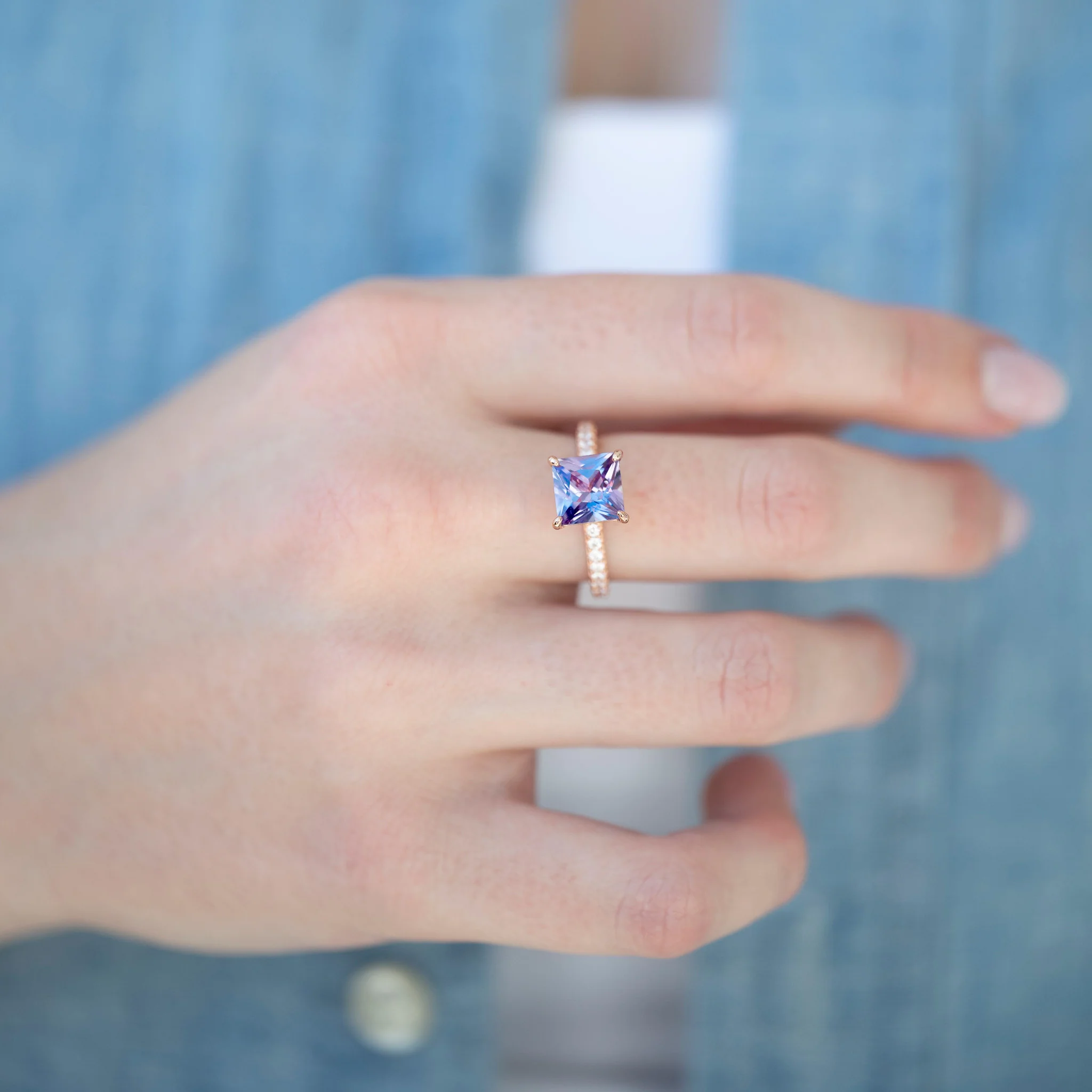 Princess Cut Alexandrite Engagement Ring in 14K Solid Rose Gold - Image 2