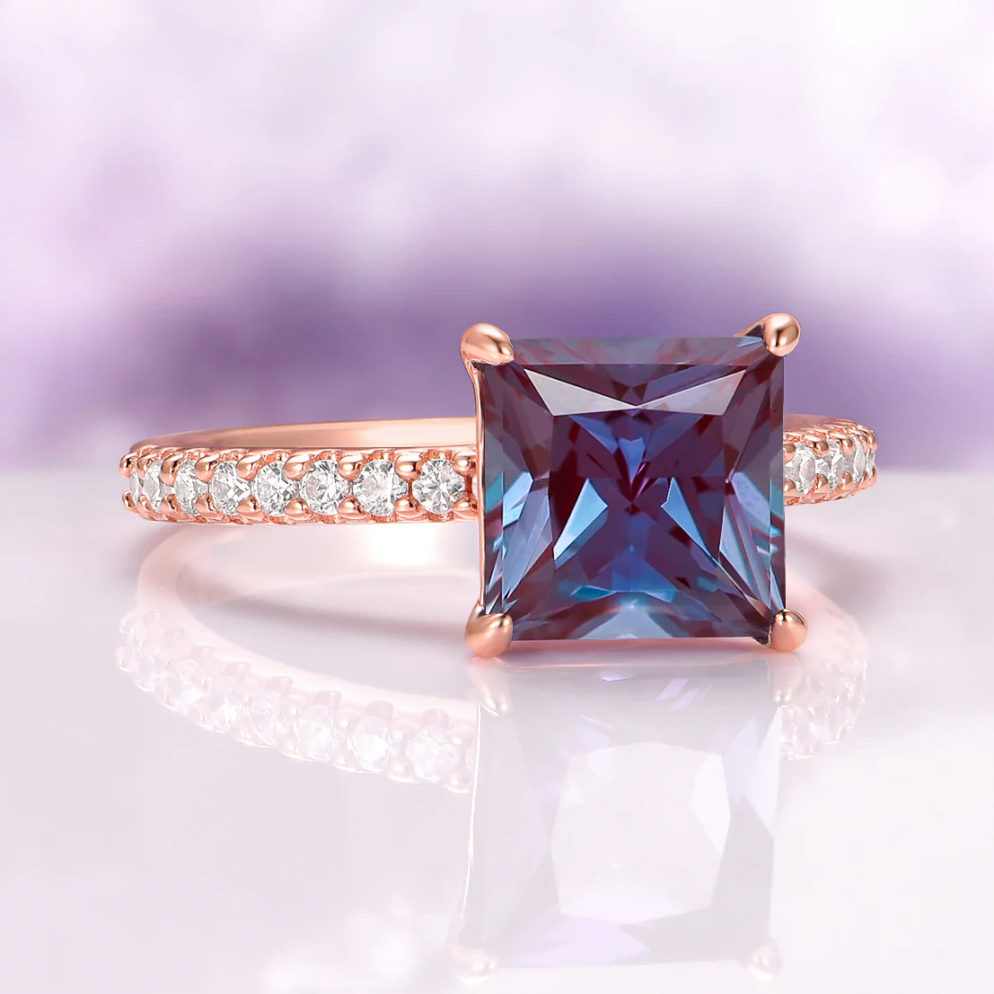 Princess Cut Alexandrite Engagement Ring in 14K Solid Rose Gold - Image 5