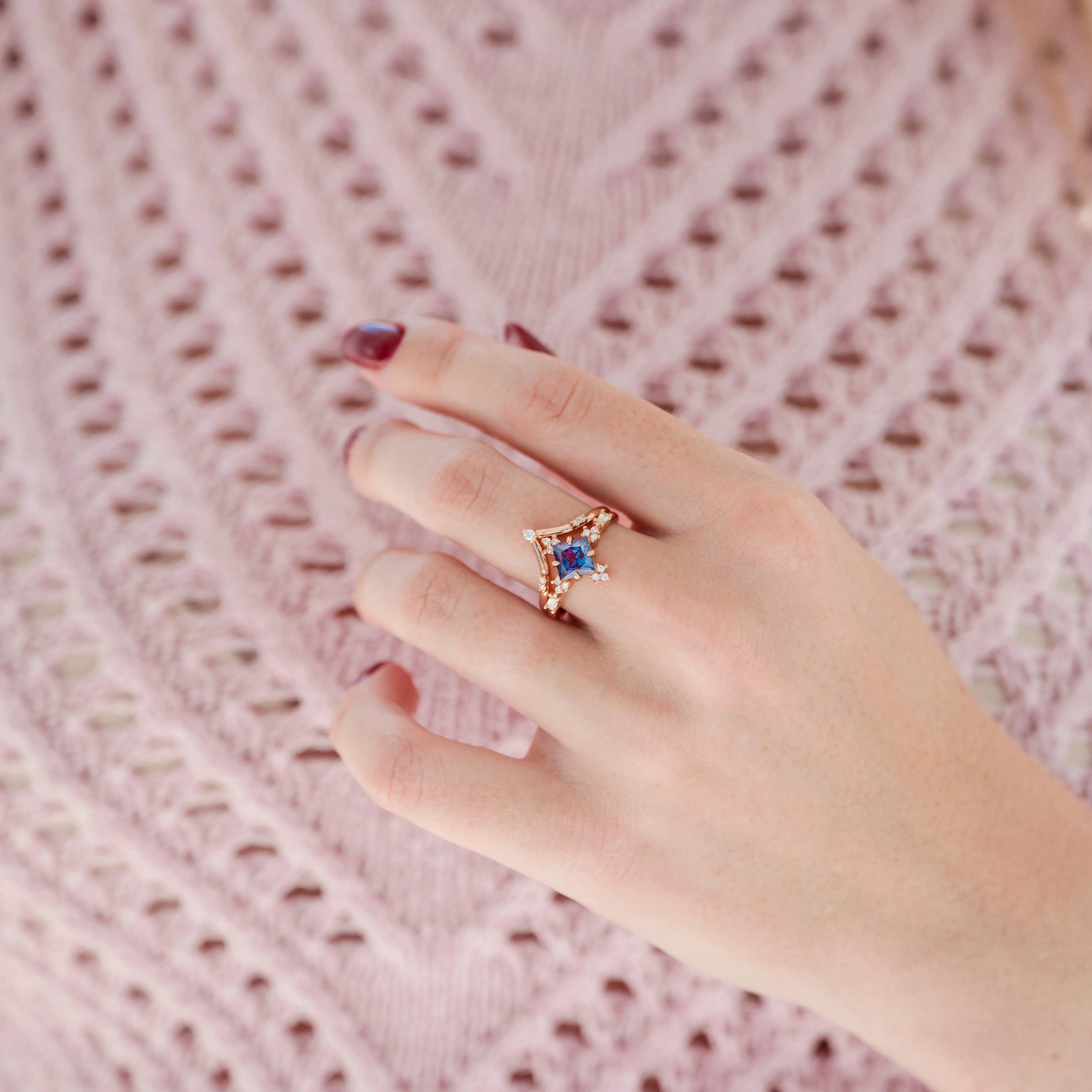 Princess Cut Alexandrite Engagement Ring Set in 14K Solid Rose Gold - Image 2