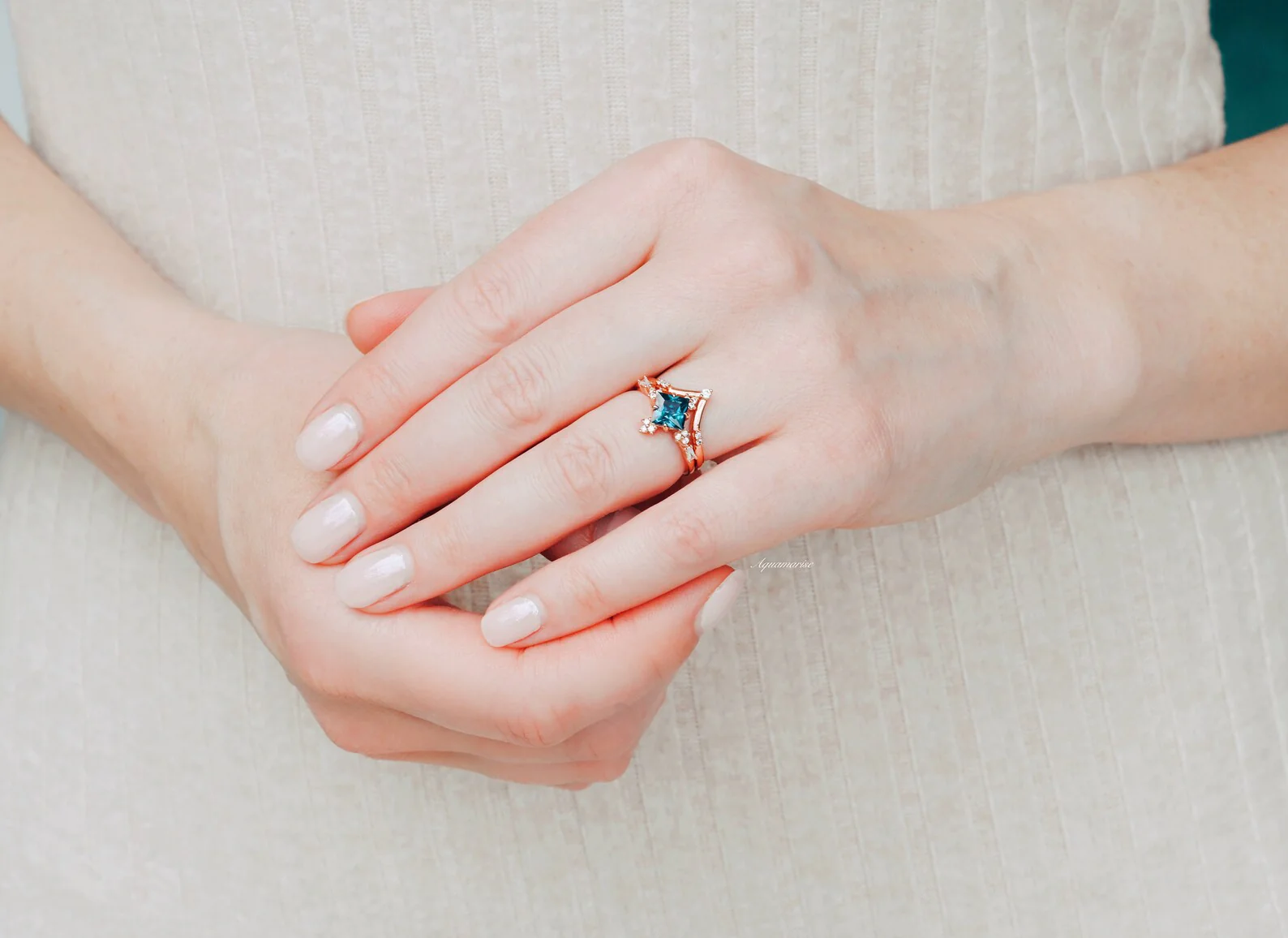 Princess Cut Alexandrite Engagement Ring Set in 14K Solid Rose Gold - Image 4