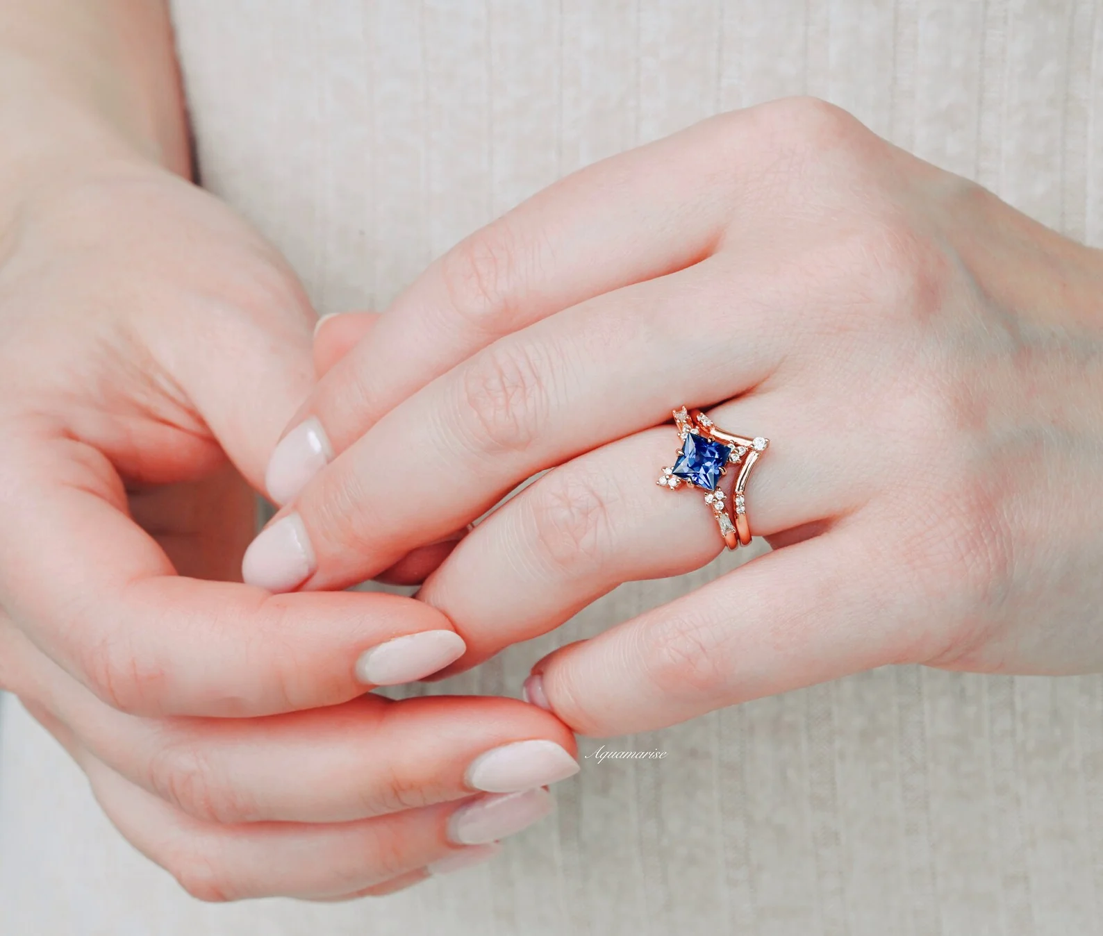 Princess Cut Alexandrite Engagement Ring Set in 14K Solid Rose Gold - Image 5