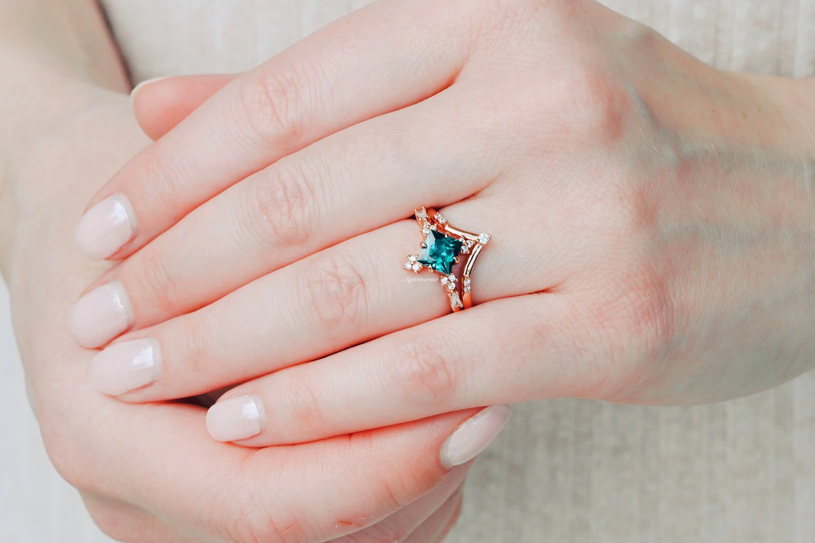 Princess Cut Alexandrite Engagement Ring Set in 14K Solid Rose Gold - Image 7