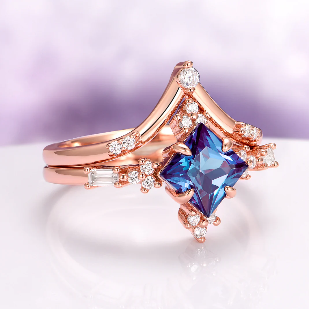 Princess Cut Alexandrite Engagement Ring Set in 14K Solid Rose Gold - Image 8