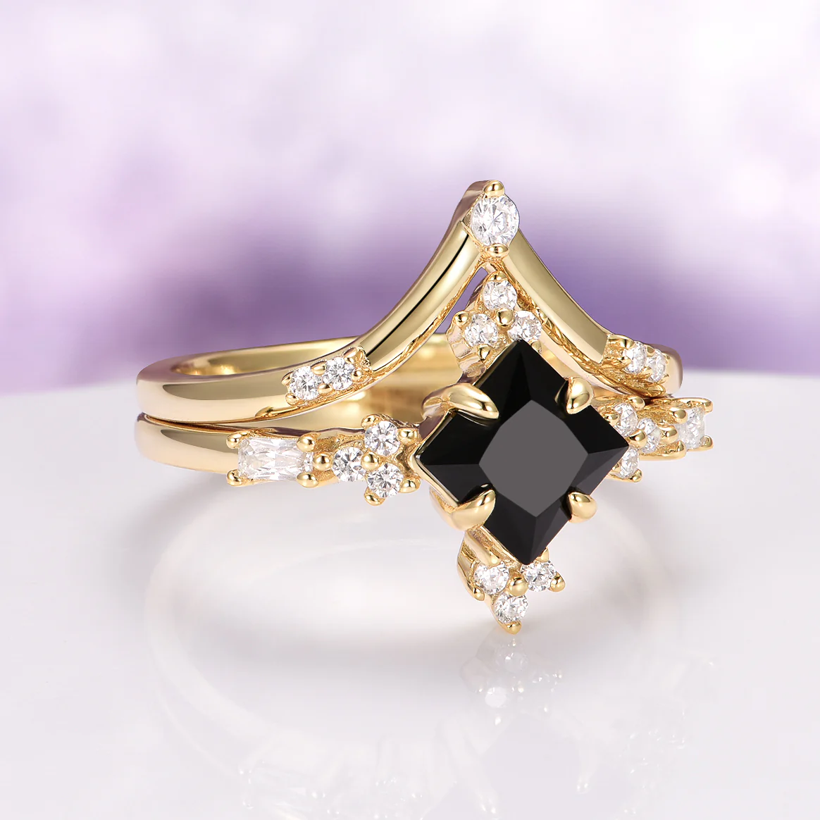 Princess Cut Black Onyx Engagement Ring Set in Solid 14K Yellow Gold - Image 12