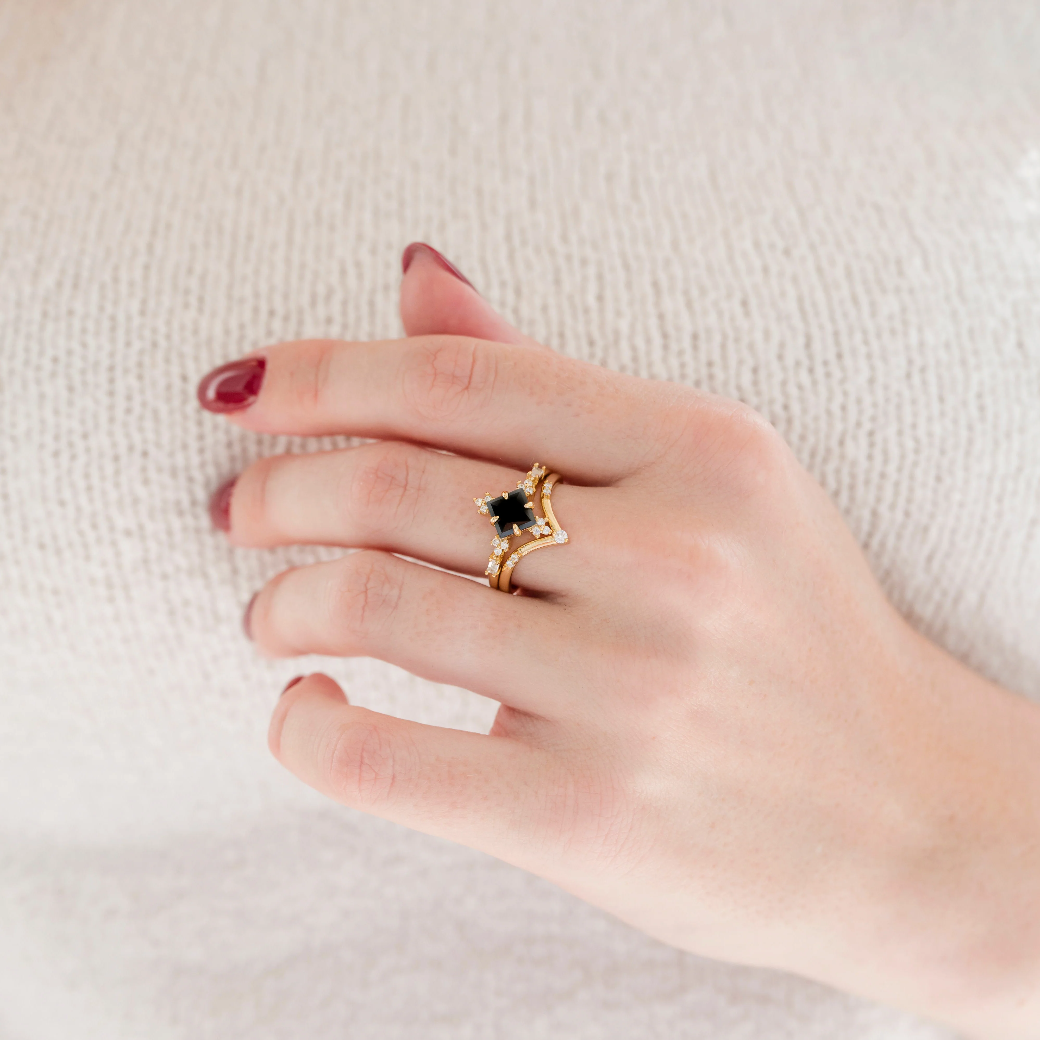 Princess Cut Black Onyx Engagement Ring Set in Solid 14K Yellow Gold - Image 4