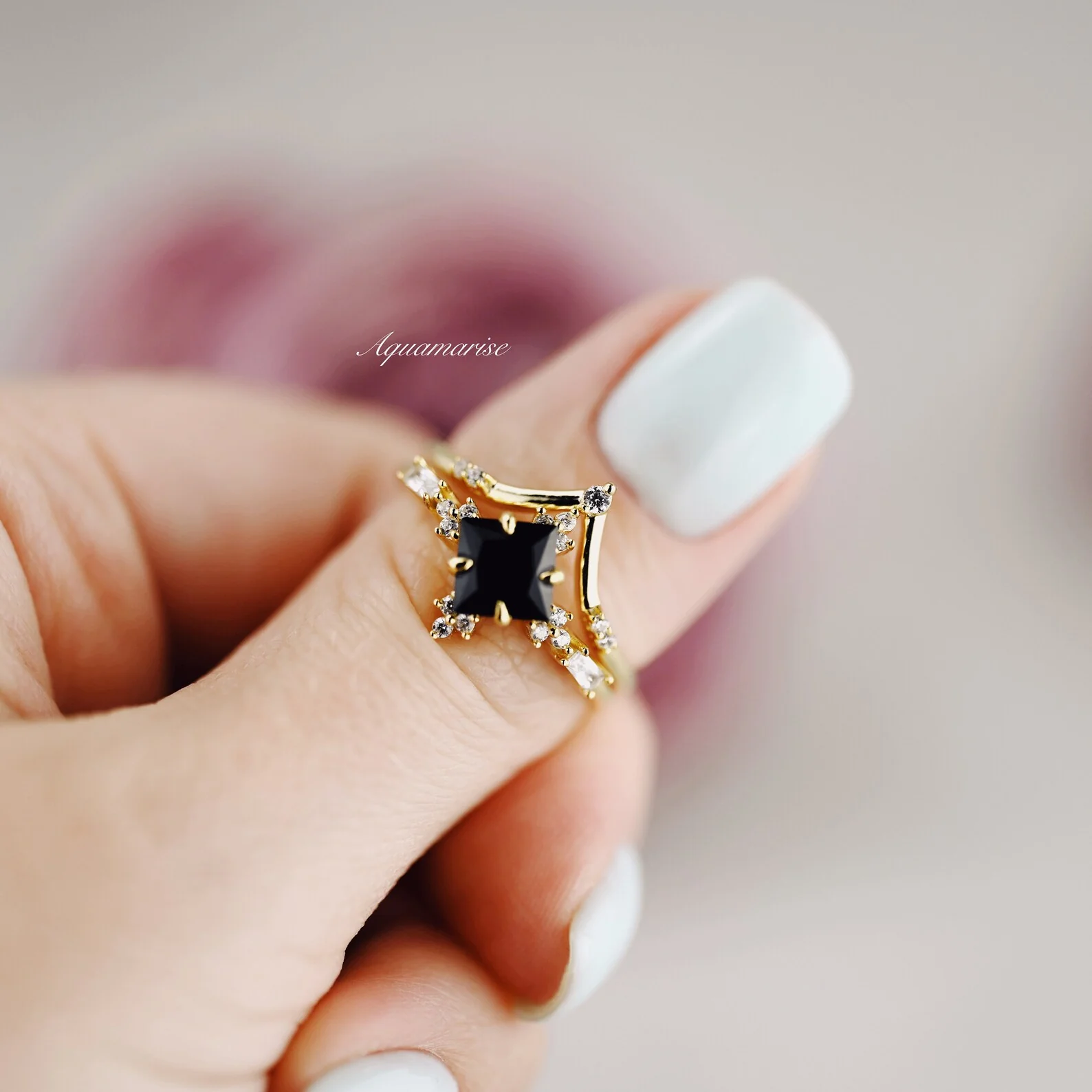 Princess Cut Black Onyx Engagement Ring Set in Solid 14K Yellow Gold - Image 7