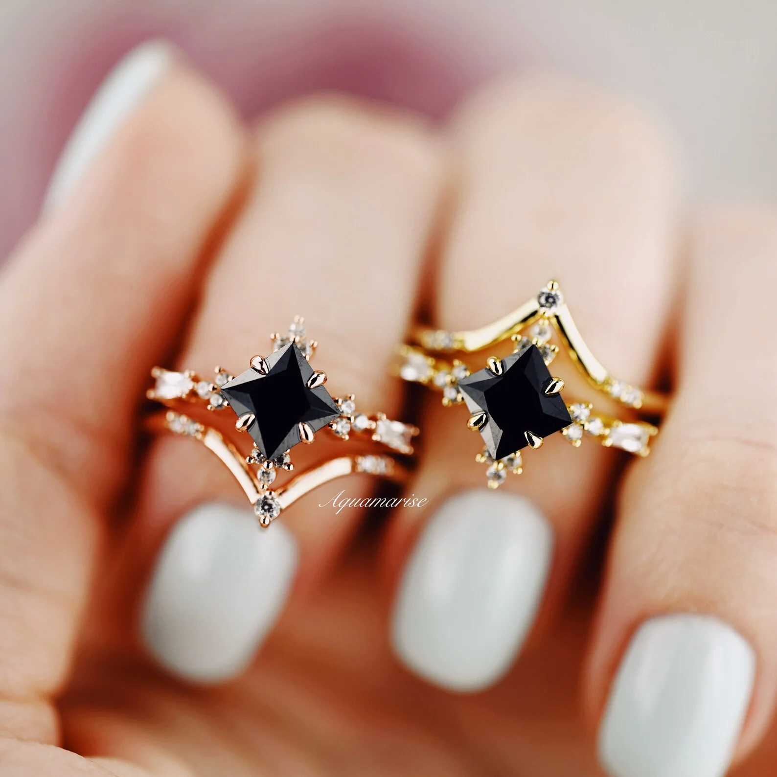 Princess Cut Black Onyx Engagement Ring Set in Solid 14K Yellow Gold - Image 9
