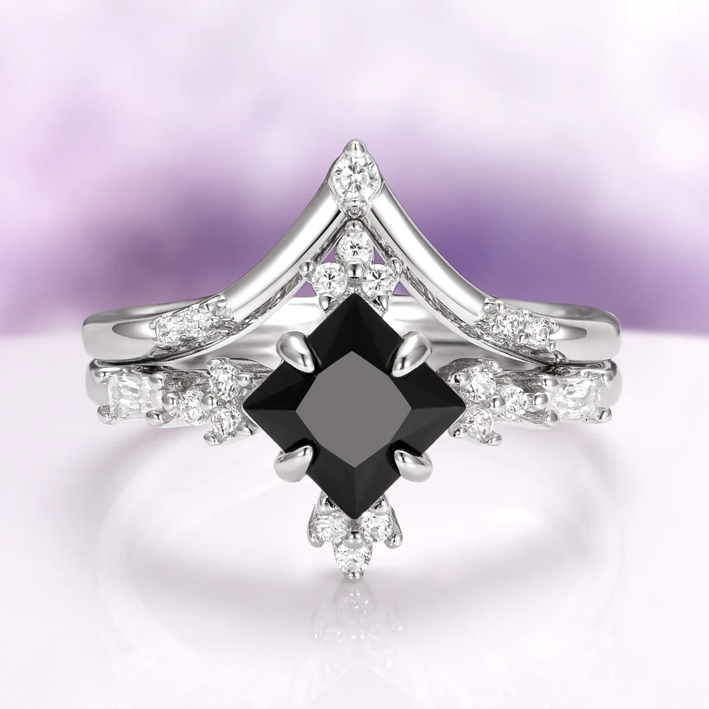 Princess Cut Black Onyx Engagement Ring Set in 14K/18K White Gold