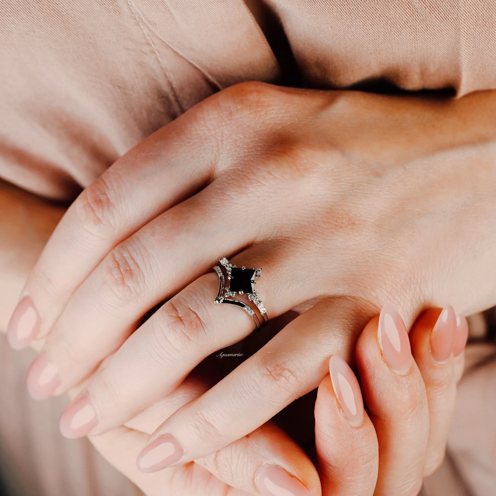 Princess Cut Black Onyx Engagement Ring Set in 14K/18K White Gold - Image 2