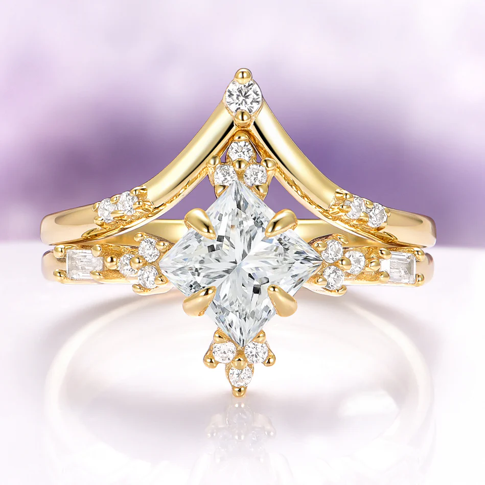 Princess Cut Moissanite Engagement Ring Set in 14K Solid Yellow Gold
