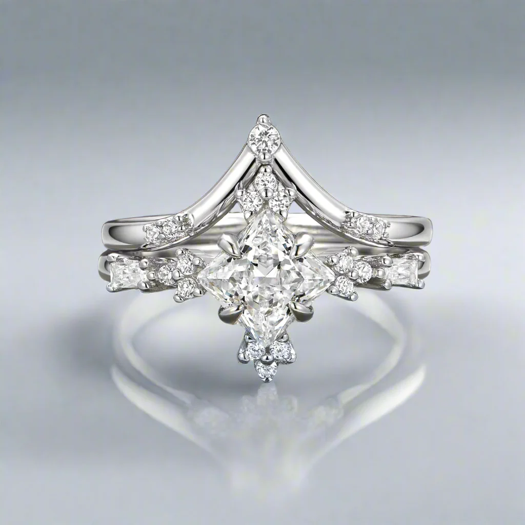 Princess Cut Moissanite Ring Set- 14K White Gold