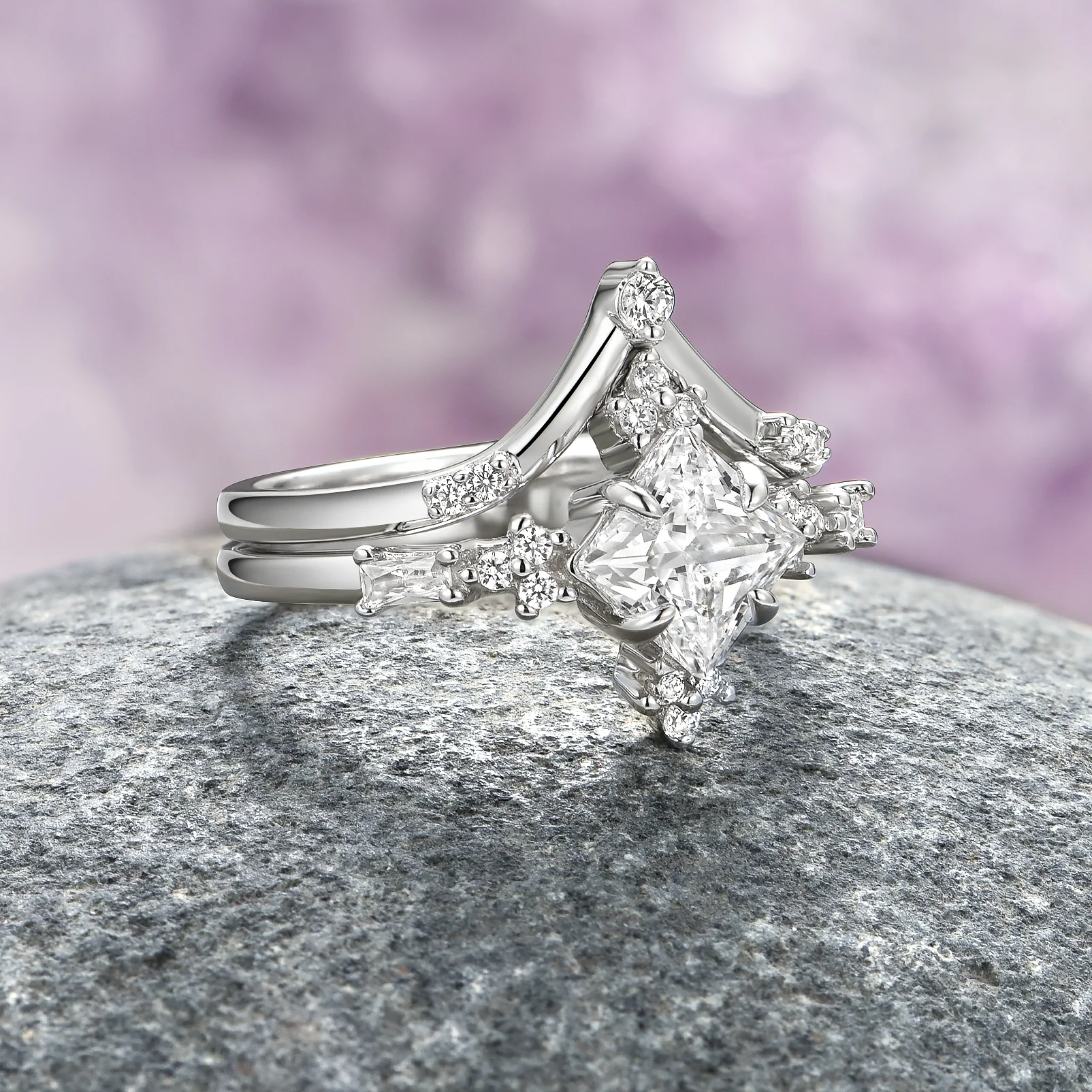 Princess Cut Moissanite Ring Set- 14K White Gold - Image 2
