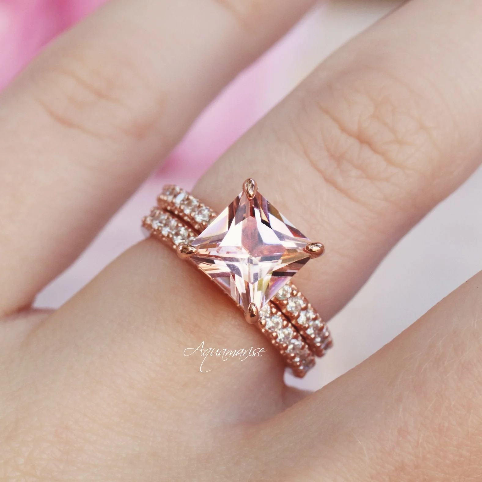 Princess Cut Blush Pink Morganite Engagement Ring in 14K Rose Gold Vermeil - Image 3