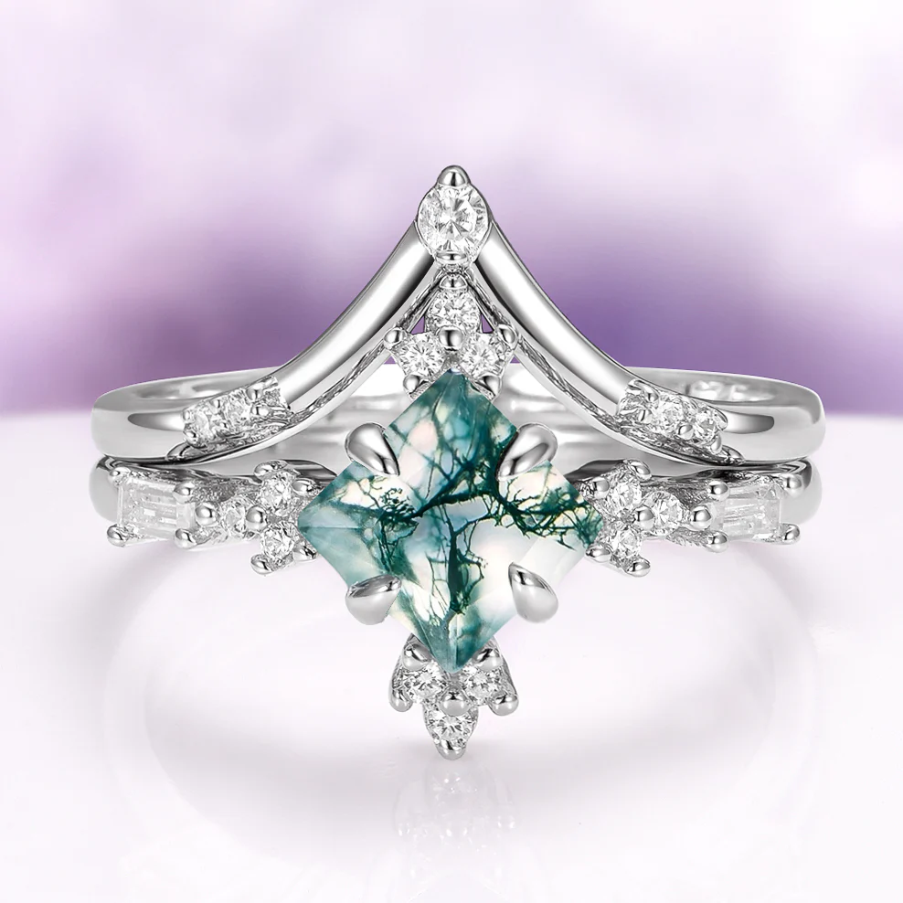 Rustic Moss Agate Couples Ring Set - Image 3
