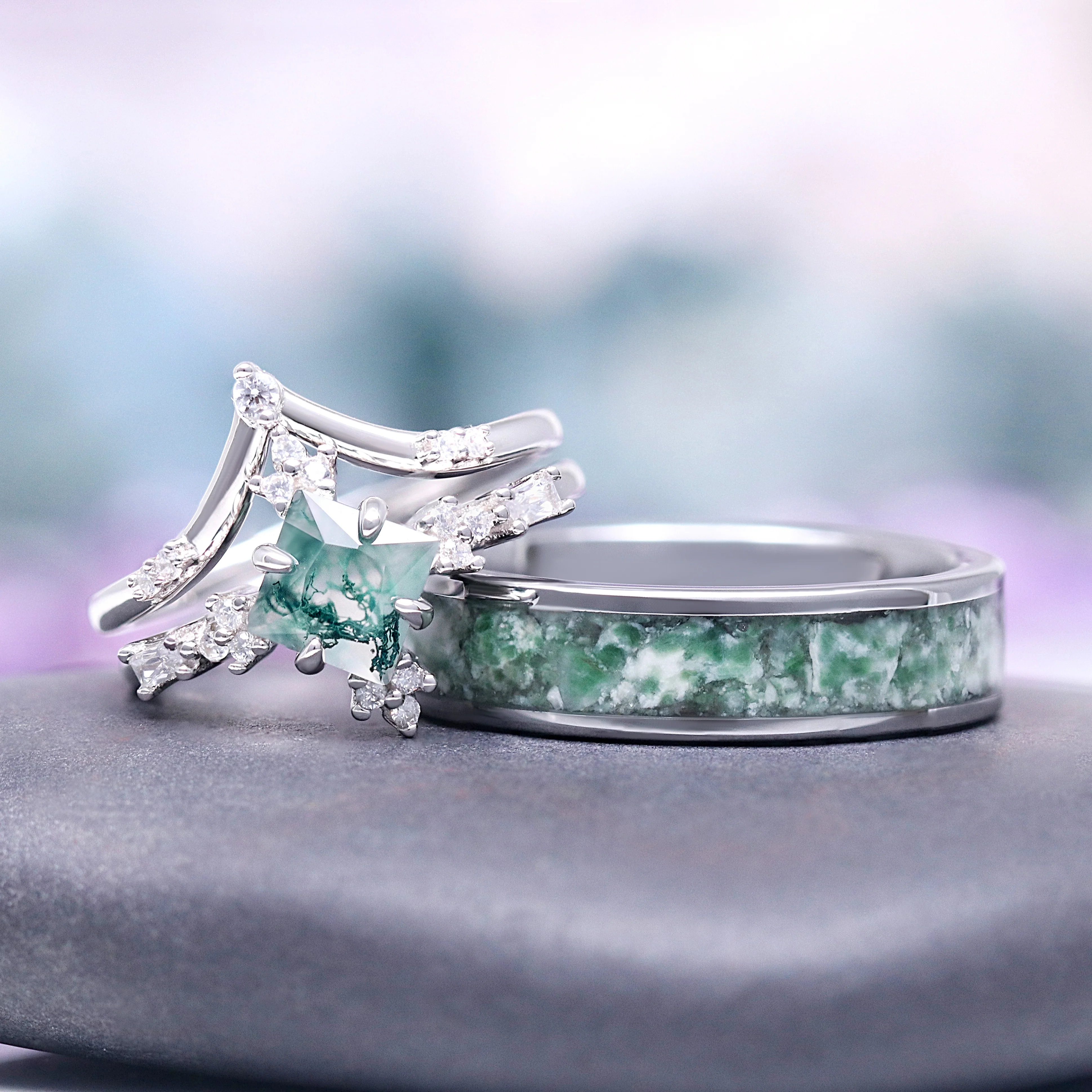 Rustic Moss Agate Couples Ring Set