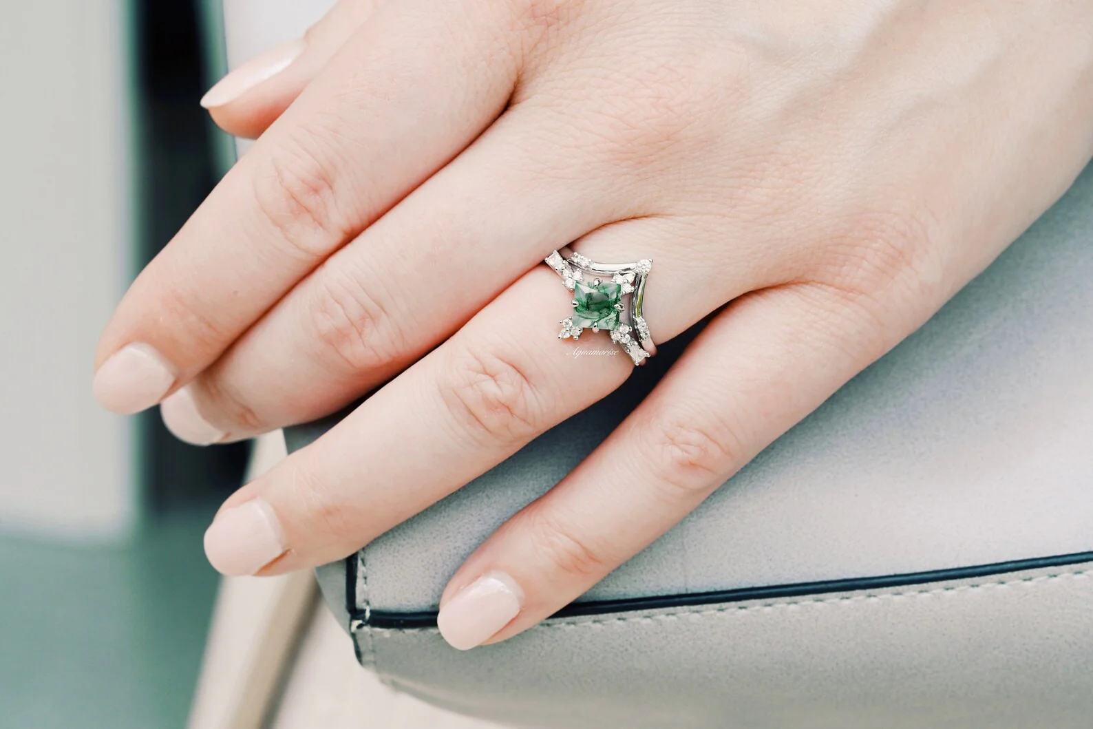Rustic Moss Agate Couples Ring Set - Image 5