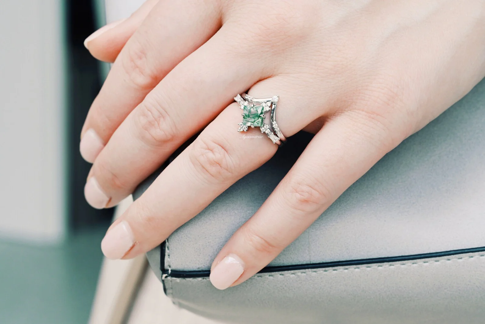 Rustic Moss Agate Couples Ring Set - Image 4