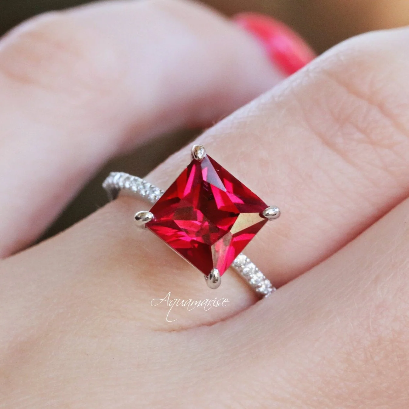 Princess Cut Lab Grown Ruby Engagement Ring in Sterling Silver - Image 2