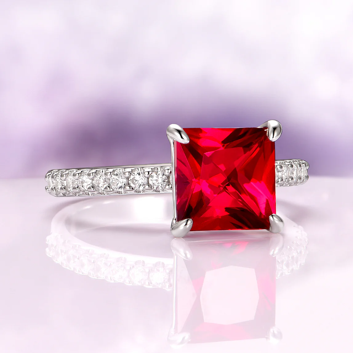 Princess Cut Lab Grown Ruby Engagement Ring in Sterling Silver - Image 4