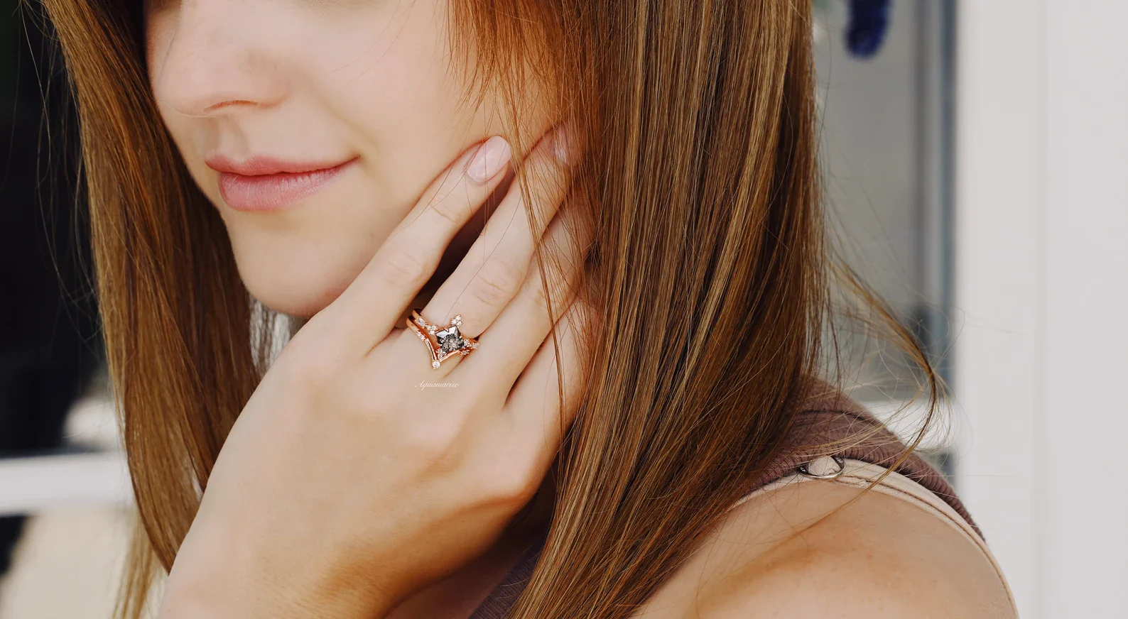 Princess Cut Rutilated Quartz Engagement Ring Set in 14K Solid Rose Gold - Image 3