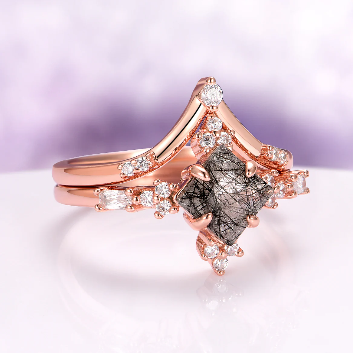 Princess Cut Rutilated Quartz Engagement Ring Set in 14K Solid Rose Gold - Image 4