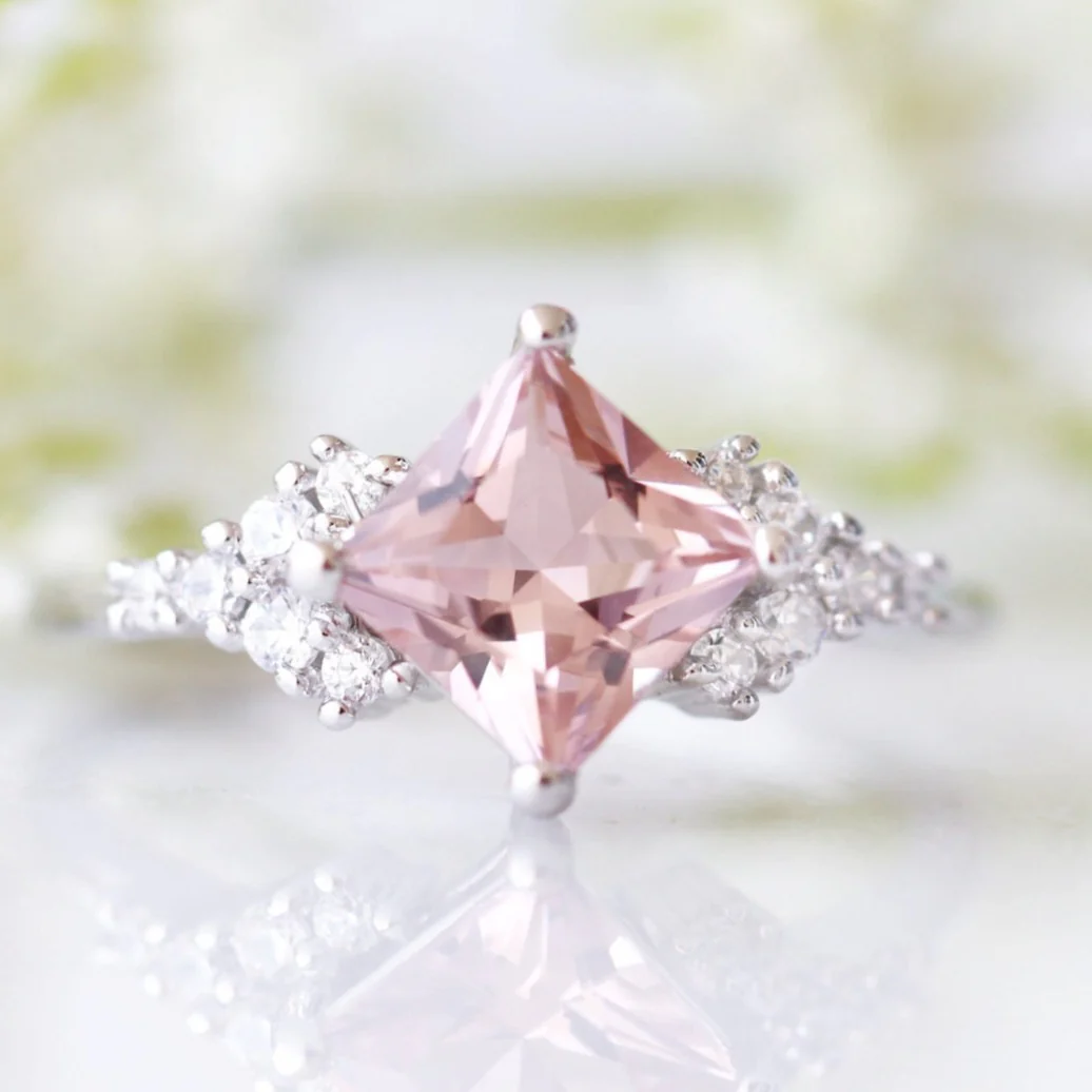 Ellie Princess Cut Morganite Engagement Ring in Sterling Silver - Image 3