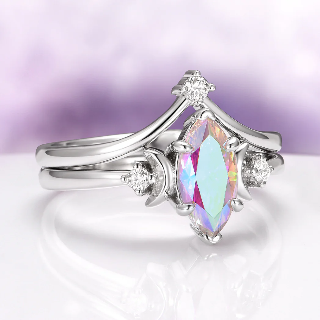 Rainbow Moissanite Crescent Moon Engagement Ring Set in Sterling Silver - Image 2