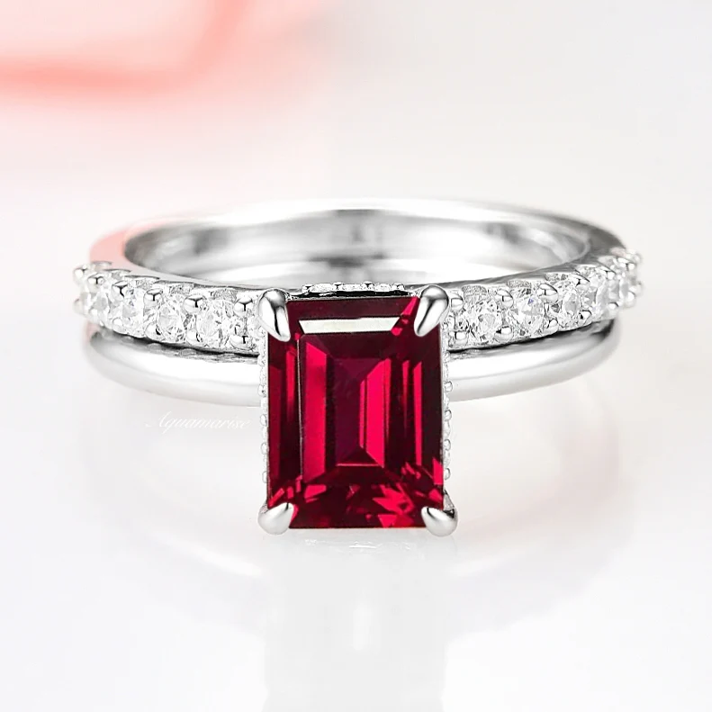 Raspberry Tourmaline Engagement Ring Set- Sterling Silver