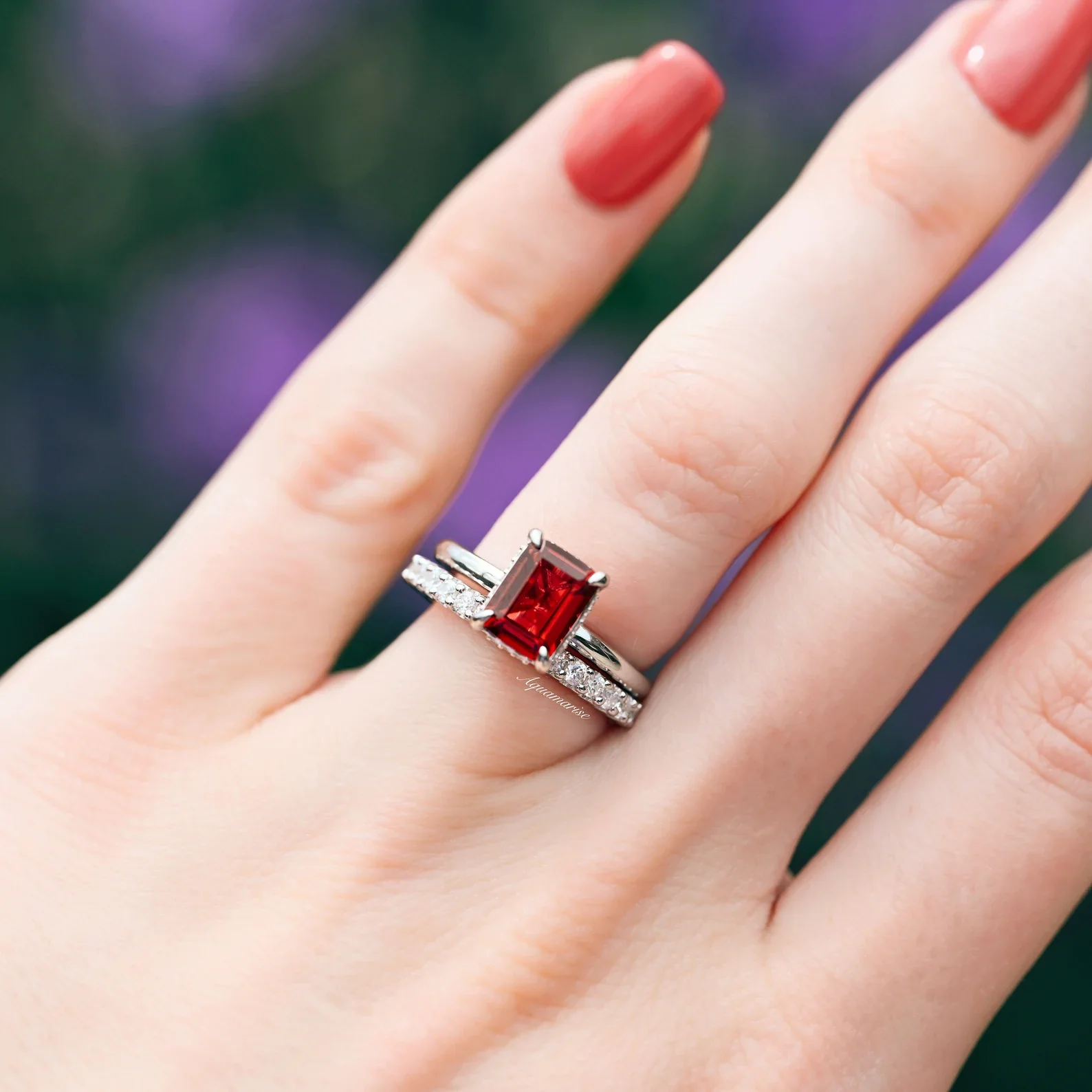 Raspberry Tourmaline Engagement Ring Set- Sterling Silver - Image 2